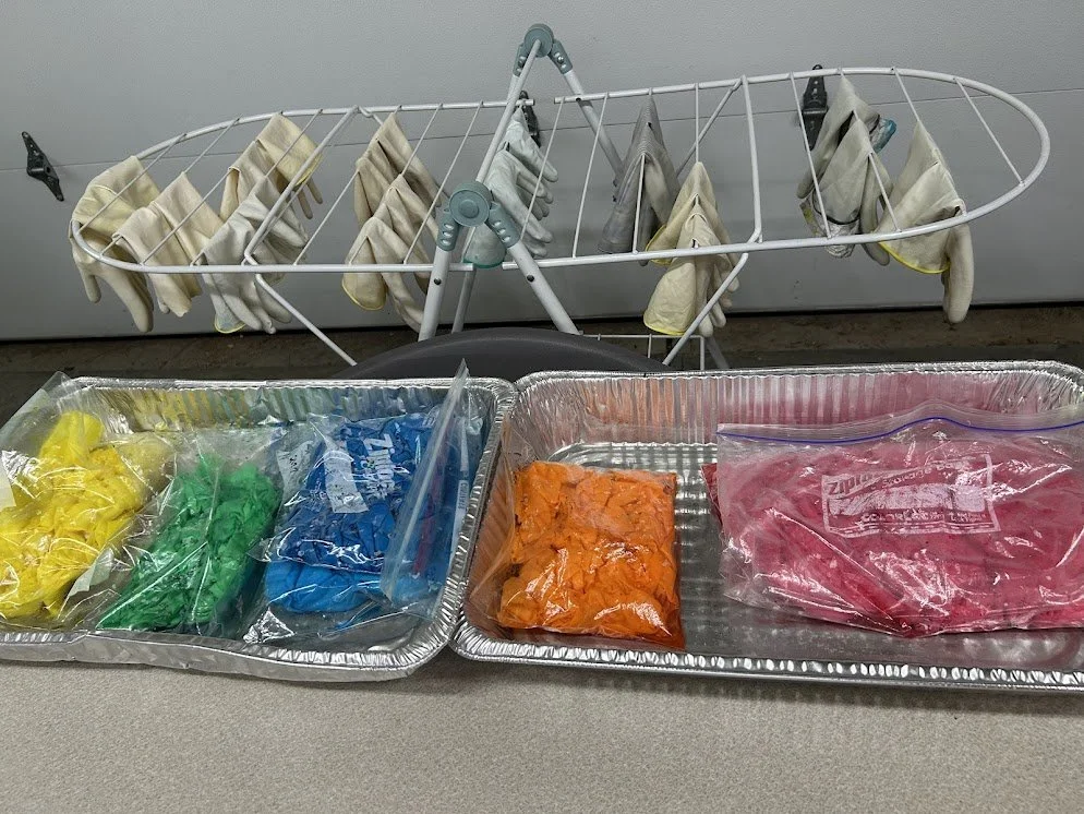 Fiber Arts Fun 2026 Tie-dyeing pillowcase fabric and drying gloves.jpg