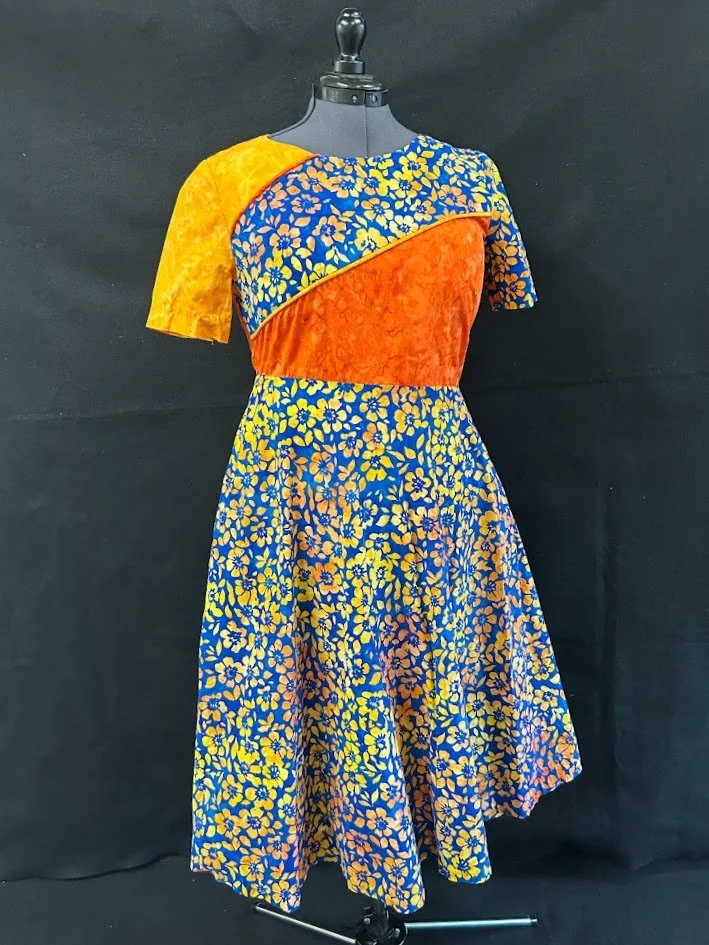 Blue and orange batik  Asymmetric fit-and-flare dress Front