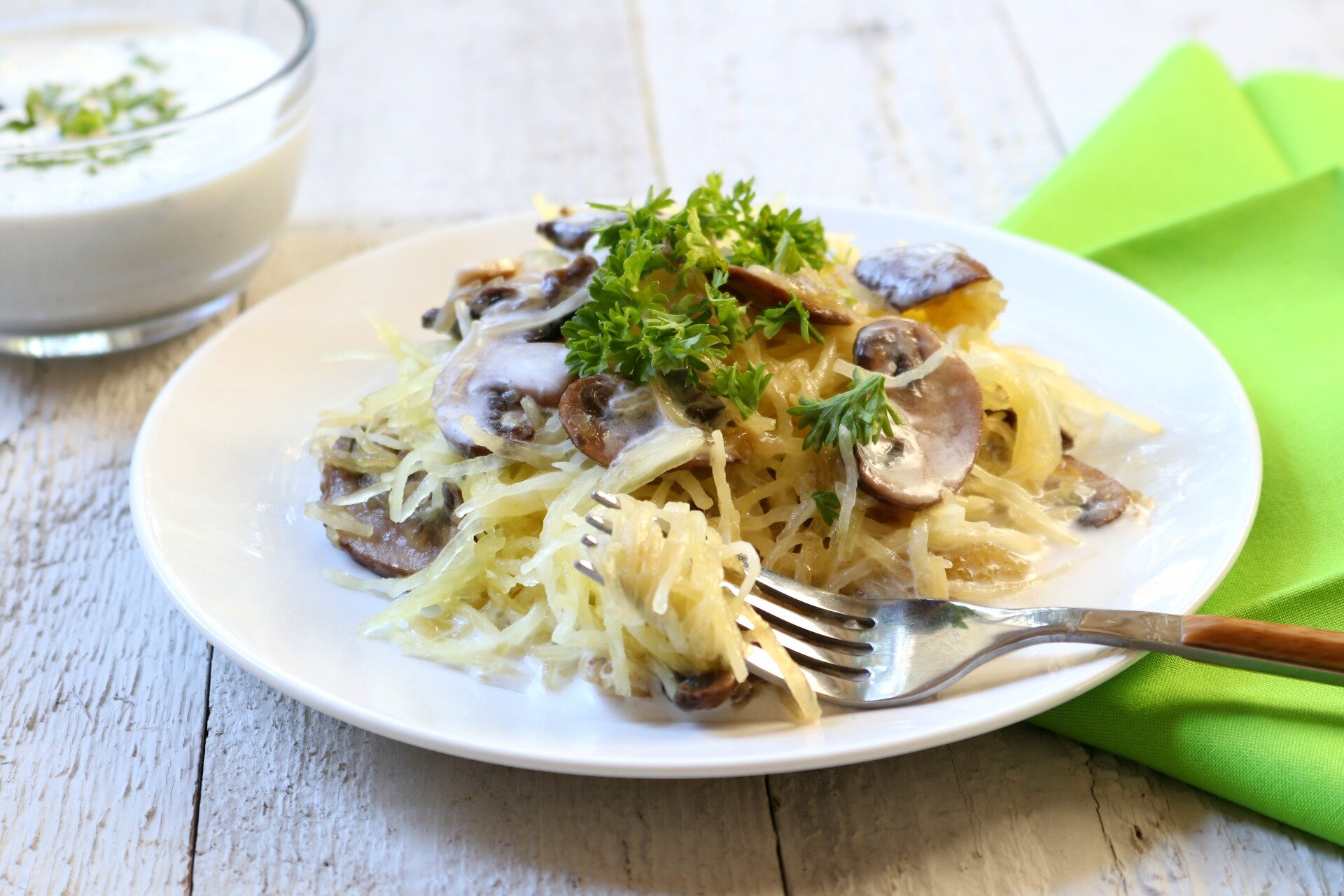 Spaghetti squash with mushrooms and cashew garlic sauce