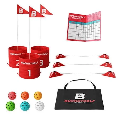 BucketGolf portable backyard golf game set with three target buckets, flags, golf balls, scorecard, tee markers, and carrying bag.