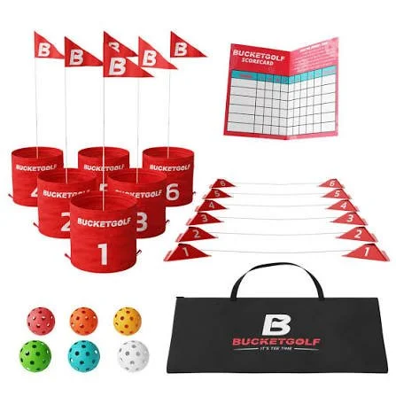 BucketGolf portable backyard golf game set with six target buckets, flags, golf balls, scorecard, tee markers, and carrying bag.