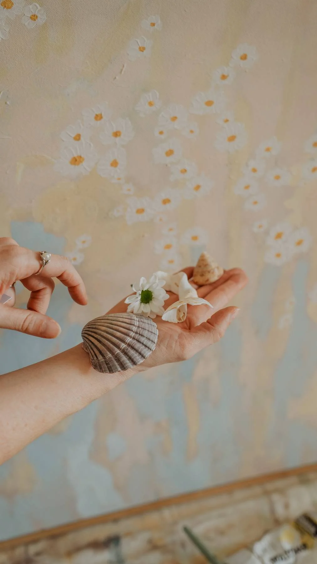 A person's hand holding seashells and a daisy flower in front of a wall with painted daisies.