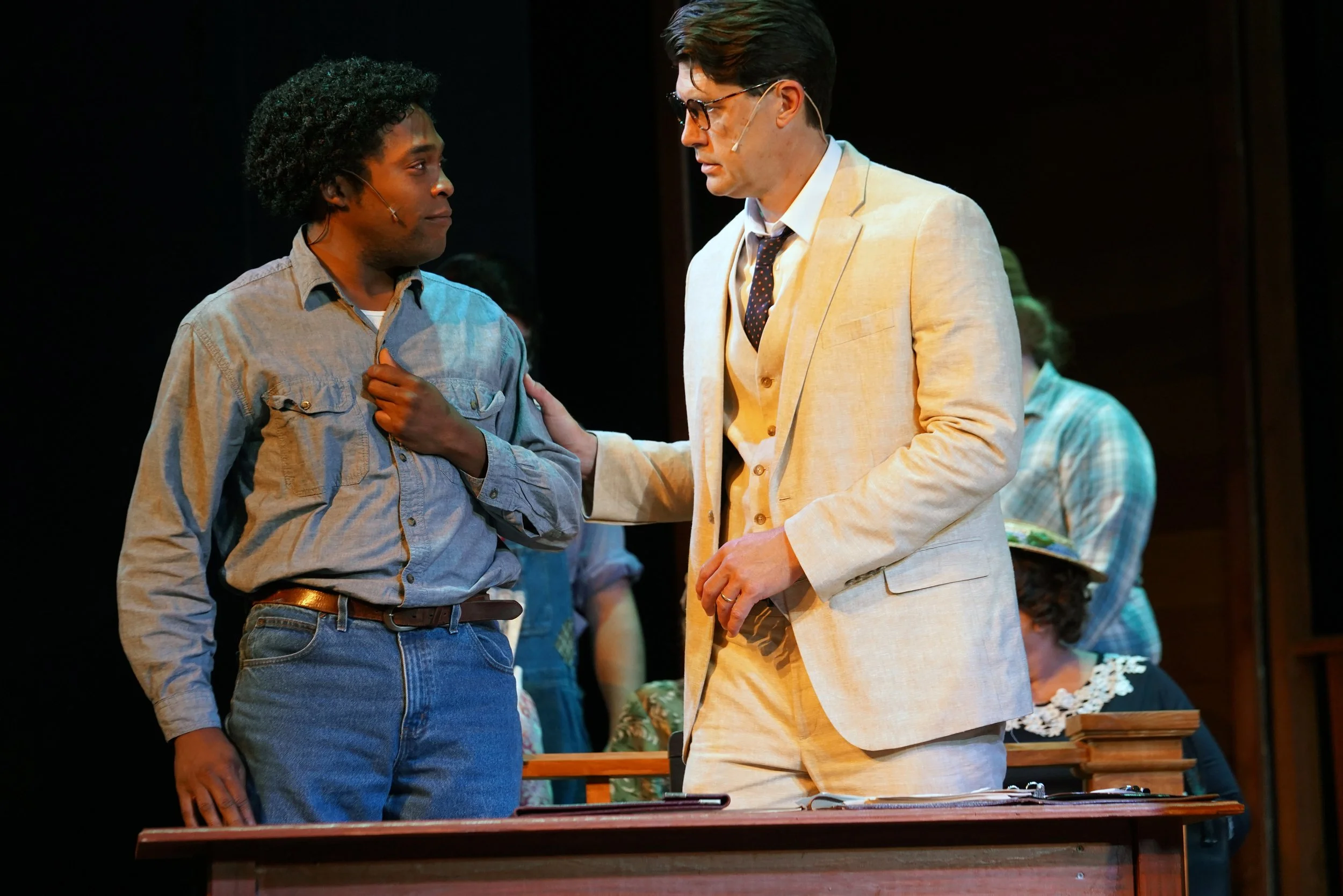    Tug Coker (right), a Stafford High School graduate with a lengthy list of film, stage and TV credits, plays the lead role of defense attorney Atticus Finch. (Photo by Suzanne Carr-Rossi for Riverside)   