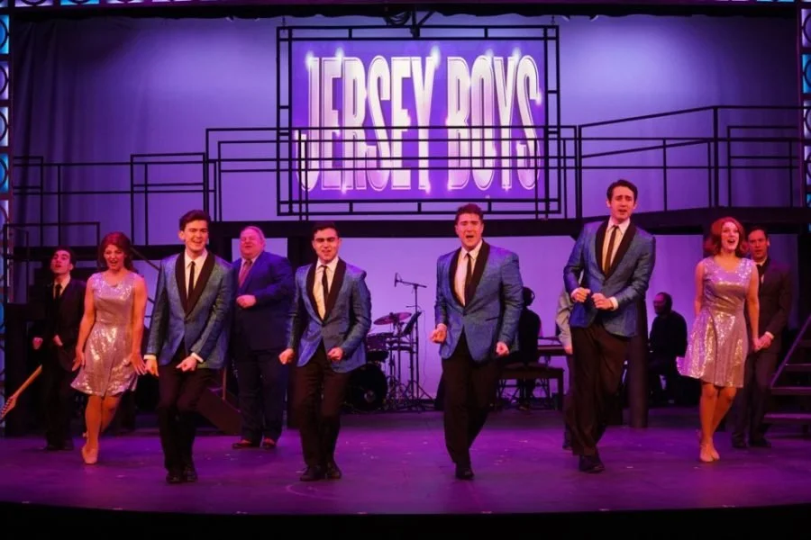  (Foreground) Jarrett Bloom as Bob Gaudio, Gian DiCostanzo as Frankie Valli, Calvin Malone as Tommy DeVito and Cooper Shaw as Nick Massi of the Four Seasons. Photo by Suzzane Carr Rossi. 