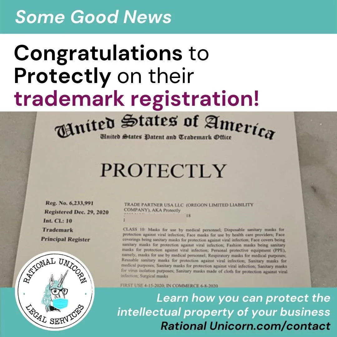 Woop Woop!! 🙌⠀
We are excited to congratulate our client, @protectly.co on the approval of their name trademark!! Protectly is an awesome Portland based company that provides high quality personal protective equipment. As a big provider of masks to 