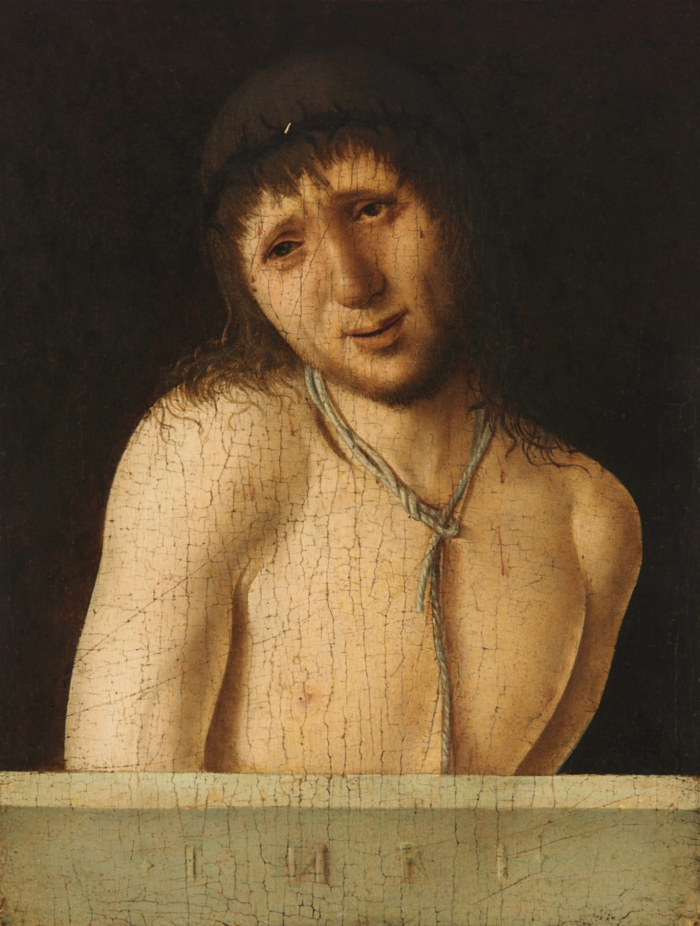 Antonello da Messina
Messina circa 1430 - 1479
Ecce Homo; Saint Jerome in Penitence
inscribed on the recto on the fictive parapet: · I N R I ·
tempera grassa on panel, double-sided panel: 8 by 5 ⅞ in.

Lot withdrawn and acquired by the Italian Minist