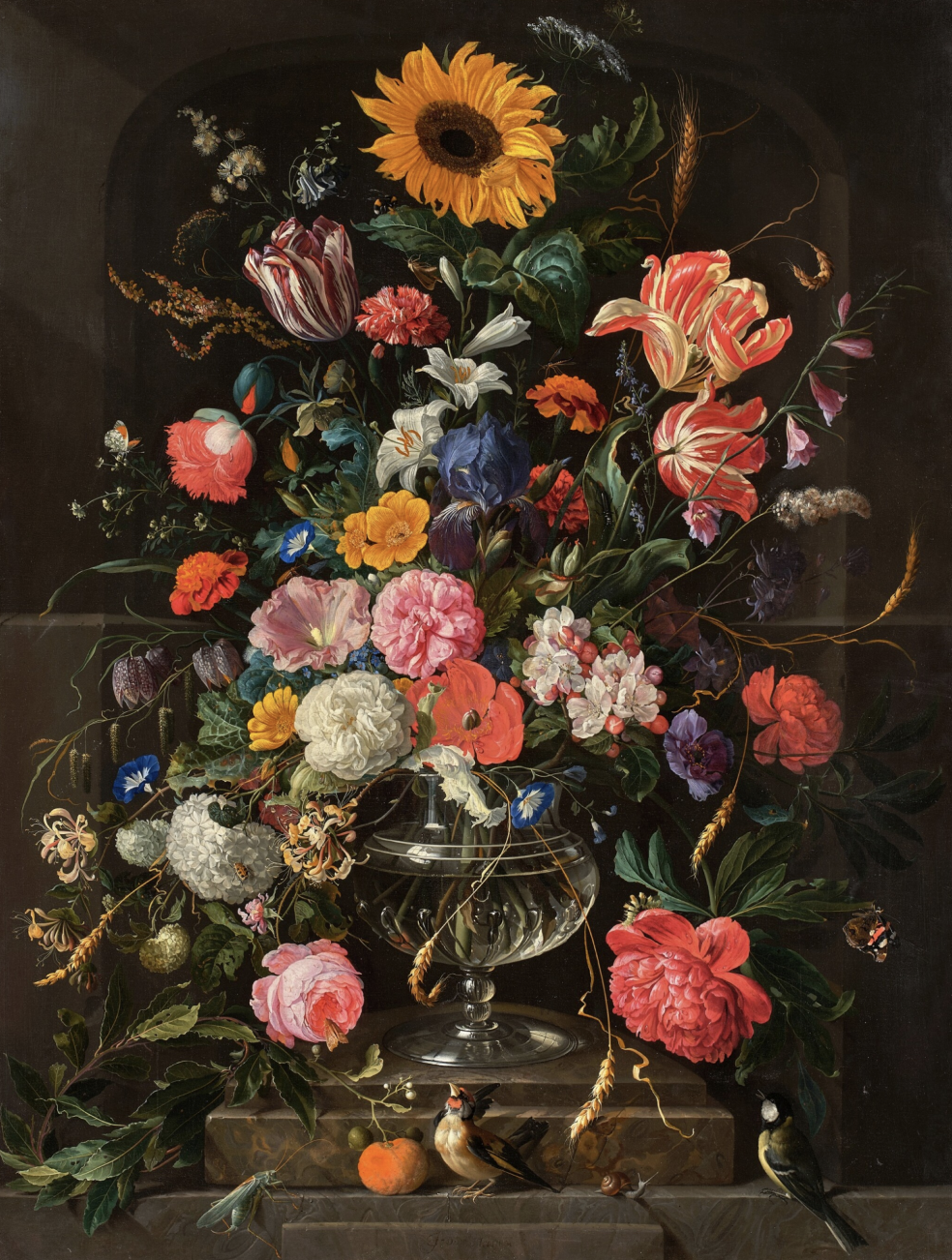 Jan Davidsz. de Heem (Utrecht 1606 - 1684 Antwerp)
Still Life of Roses, Tulips, Lilies, Poppies, Honeysuckle, a Sunflower, an Iris, and Other Flowers in a Glass Vase with Two Birds, a Grasshopper, and a Snail
signed lower center on stone ledge: J.D. 