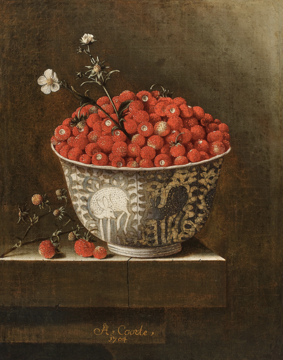 Adriaen Coorte
Ijzendijke 1659/1664 - 1707 Vlissingen
Still Life of a Porcelain Bowl with Wild Strawberries
signed and dated lower center: A. Coorte. / 1704 
oil on canvas, unlined
11 ¾ by 9 ⅛ in.

Sold for 2,978,000 USD at Sotheby's New York on 21 M