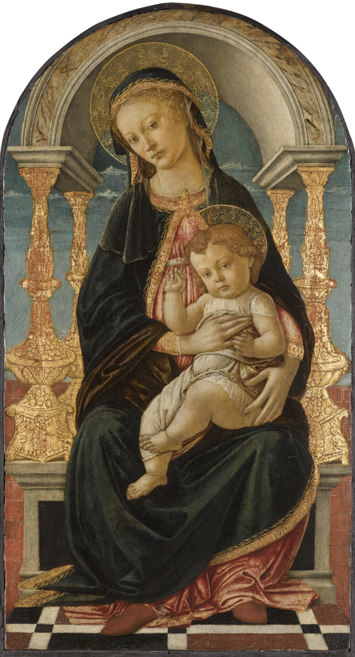 Alessandro di Mariano Filipepi, called Sandro Botticelli (Florence 1444/5–1510)
The Virgin and Child enthroned
mixed media with gilding on panel, arched top
32¾ x 17⅞ in.

Sold for 9,960,000 GBP at Sotheby's London on 4 December 2024