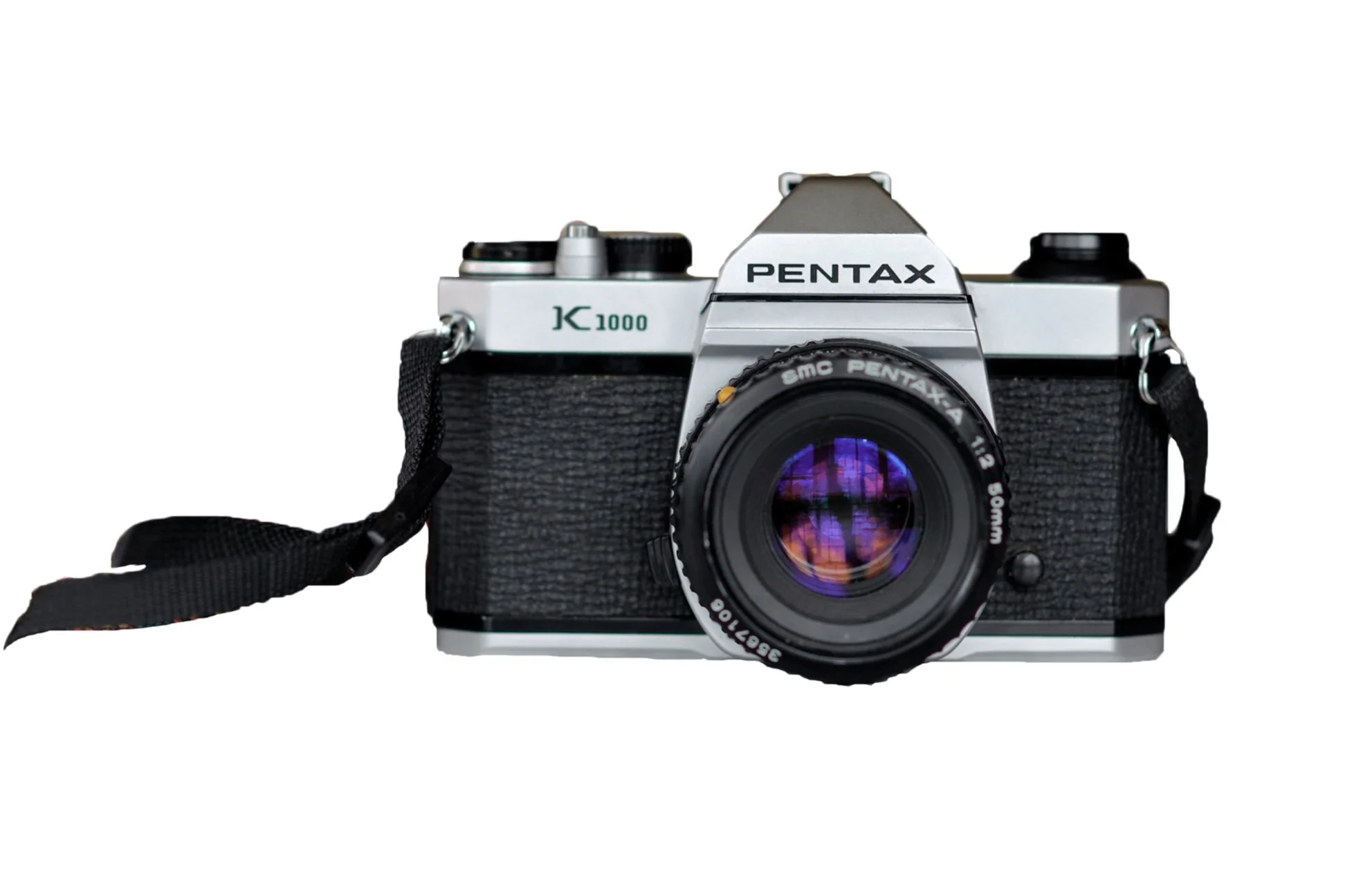 Pentax K1000 film camera with lens and strap