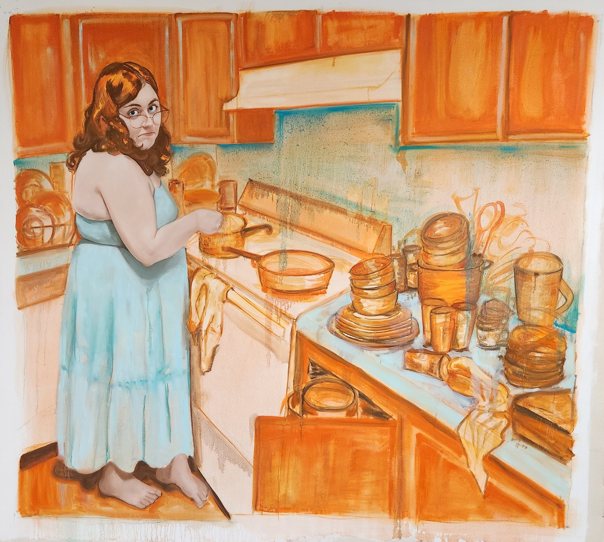 "Dishes Martyr", oil on canvas, fall 2024, 60” x 72”