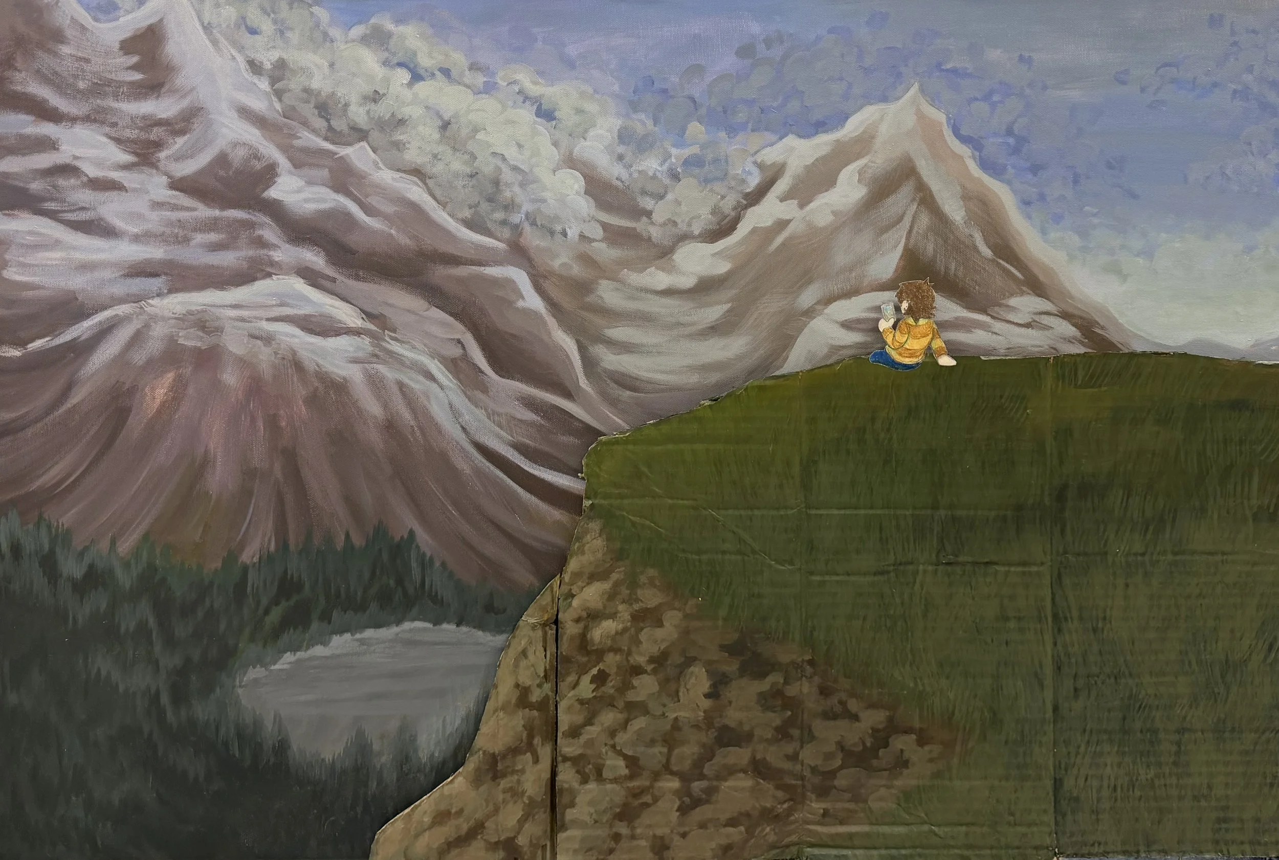 Mountain Watch. Medium: Acrylic, colored pencil, paper, & cardboard on canvas. 24’’x26’’