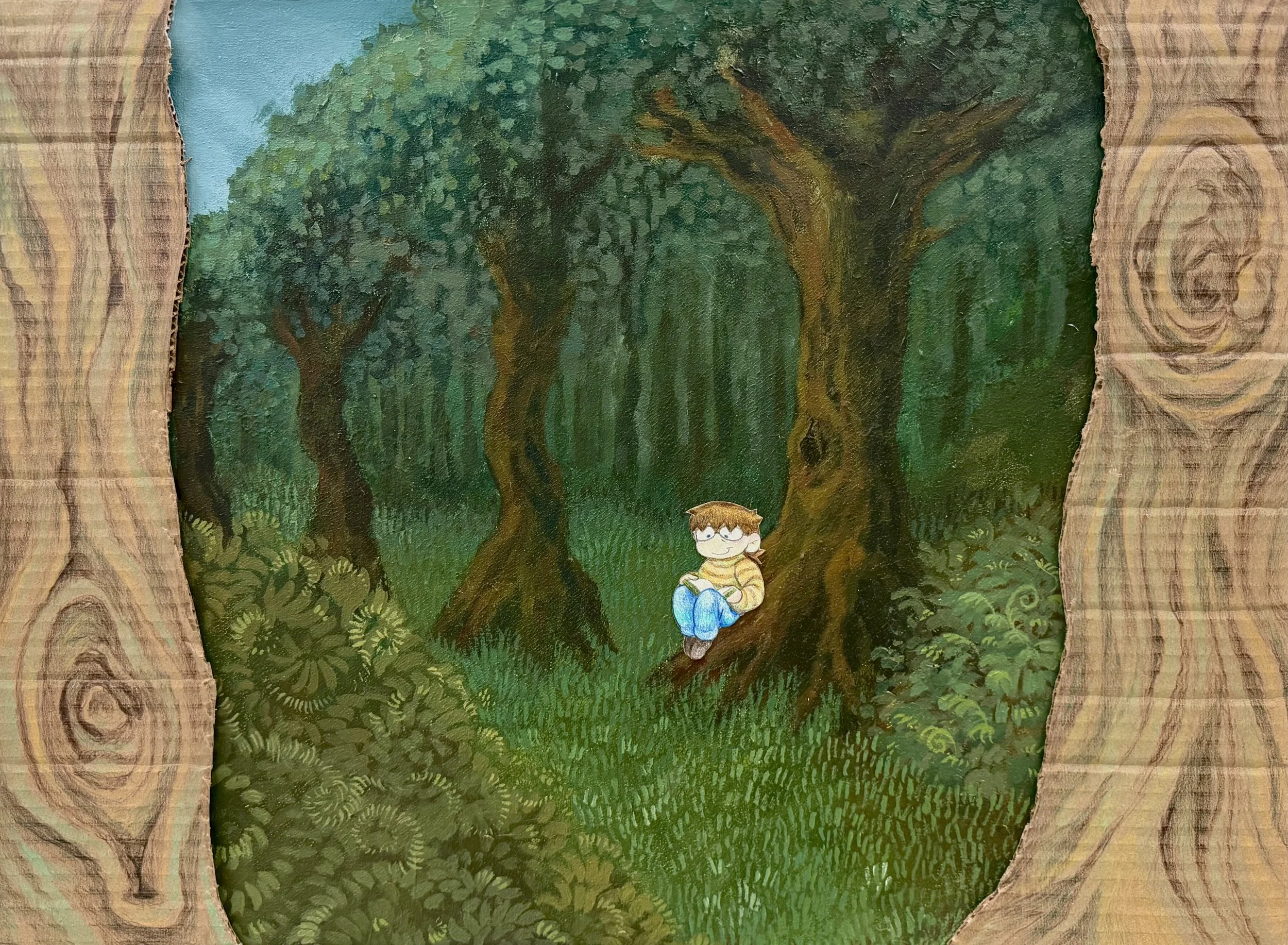 A Quiet Moment. Medium: Acrylic, colored pencil, paper, & cardboard on canvas. 18’x24’’