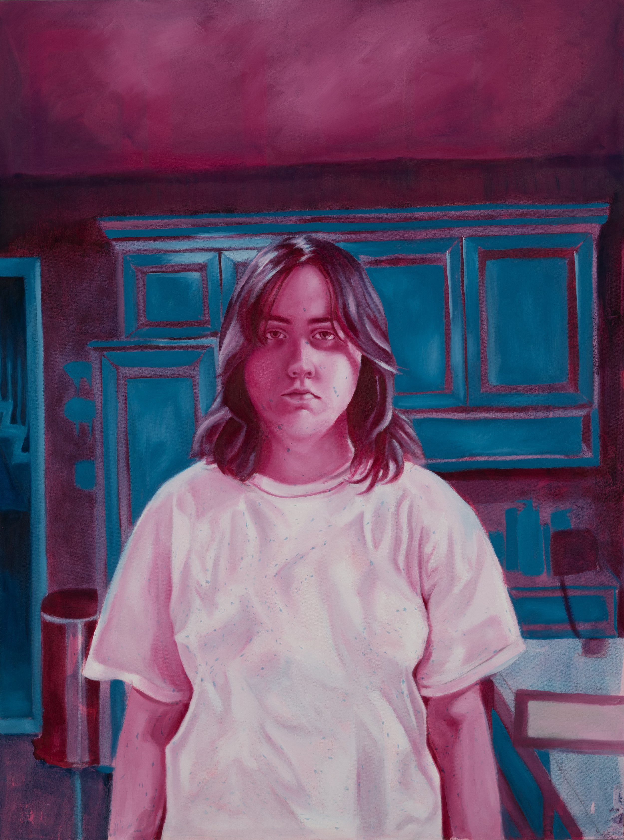 "My Sister in the Kitchen", oil on canvas, fall 2023, 48” x 36”