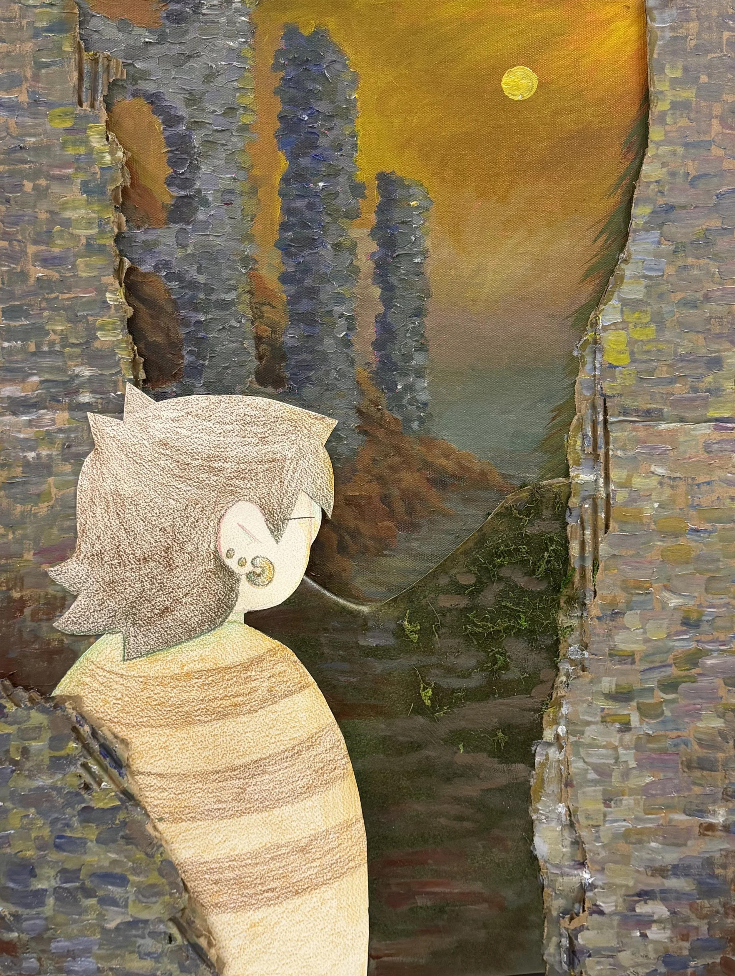 Abandoned Buildings. Medium: Acrylic, colored pencil, paper, cardboard, moss, & faux leather on canvas. 24’’x19’’