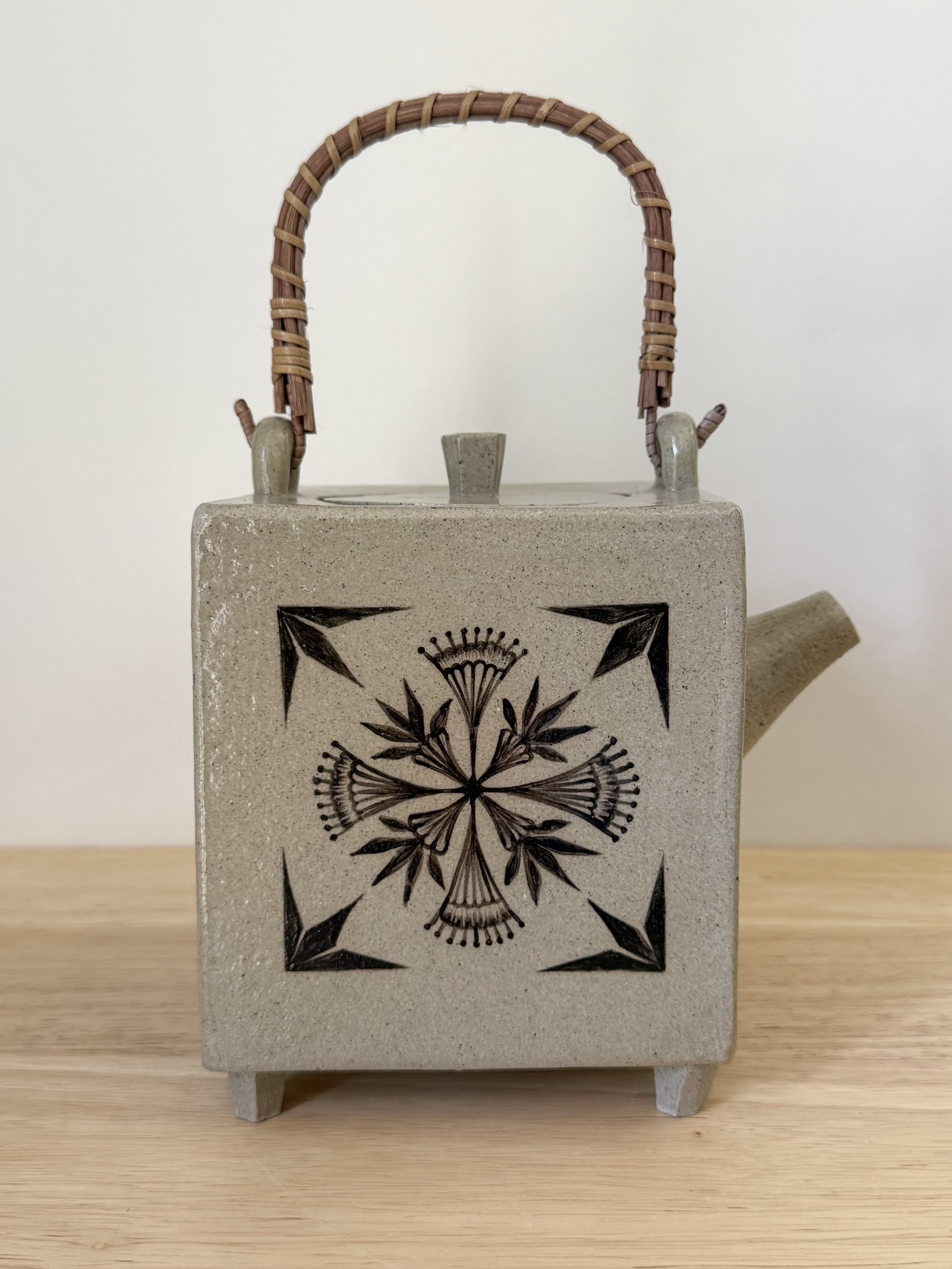Ornamental Teapot (2024), high fire reduction stoneware and bamboo handle, 5 x 10 x 5 inches