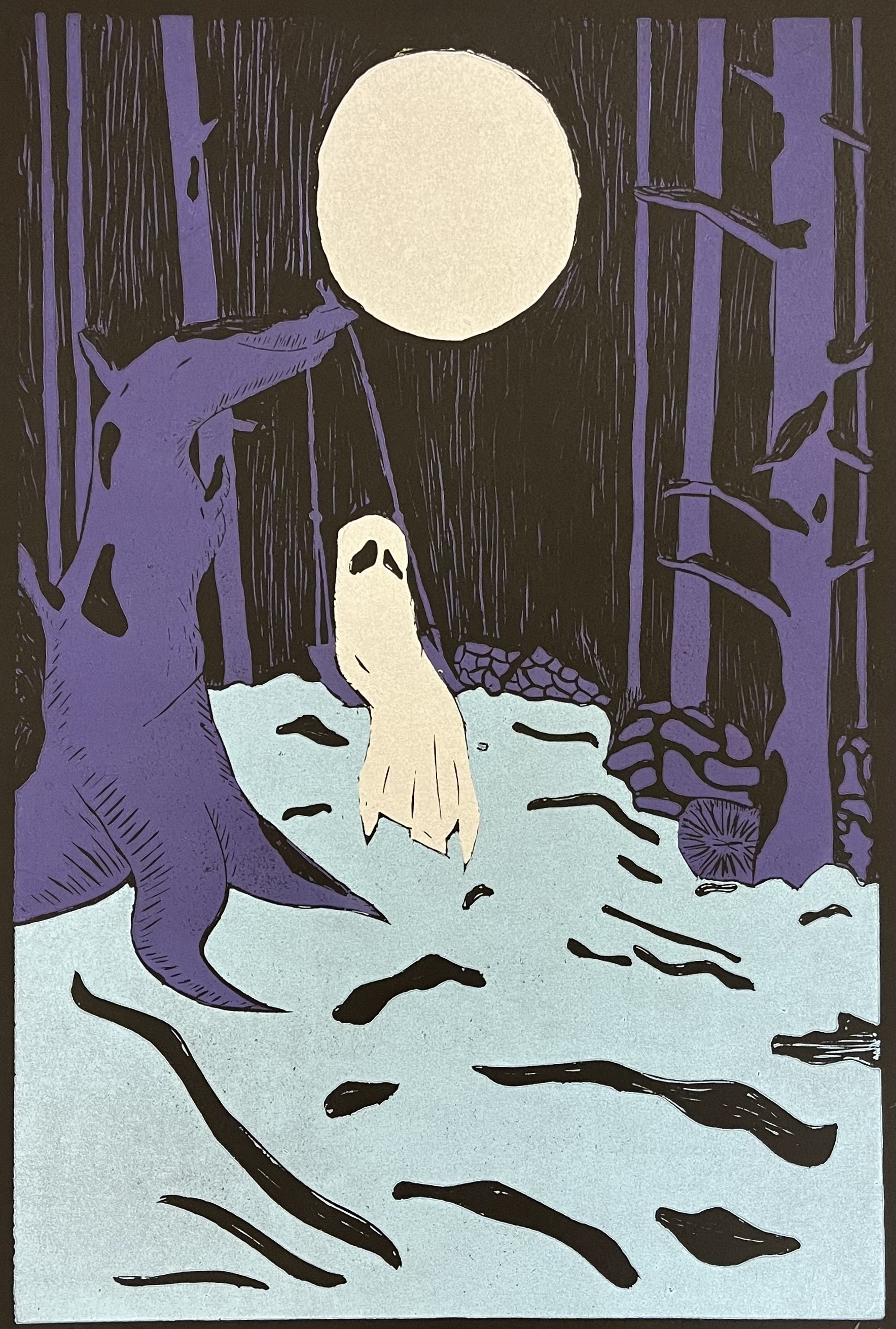 "Lonely Night" Jigsaw linoleum print - 15" by 22" (Fall 2025)