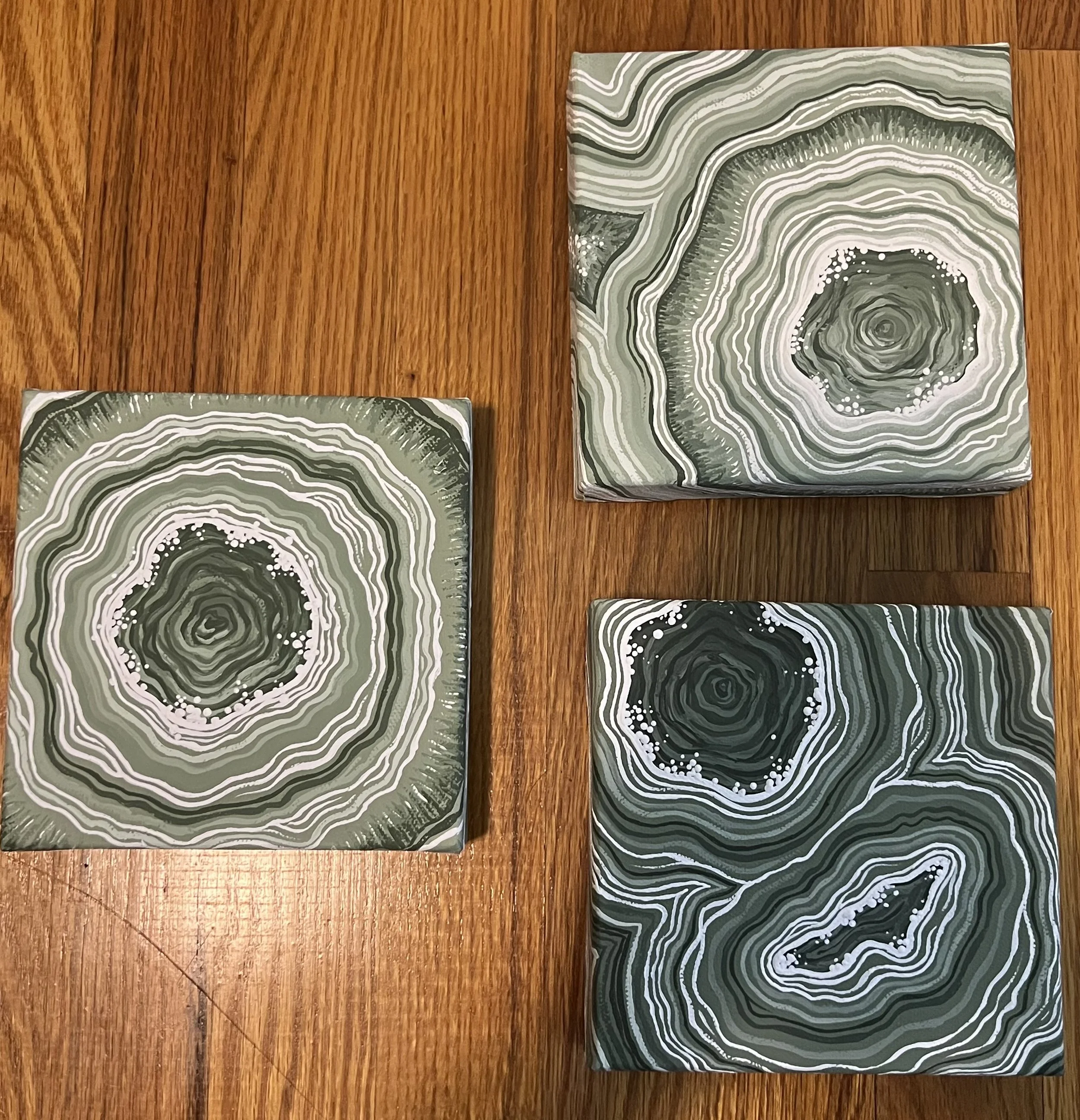 Agate Trio. Medium: Acrylic on canvas. Set of three 6’’x6’’