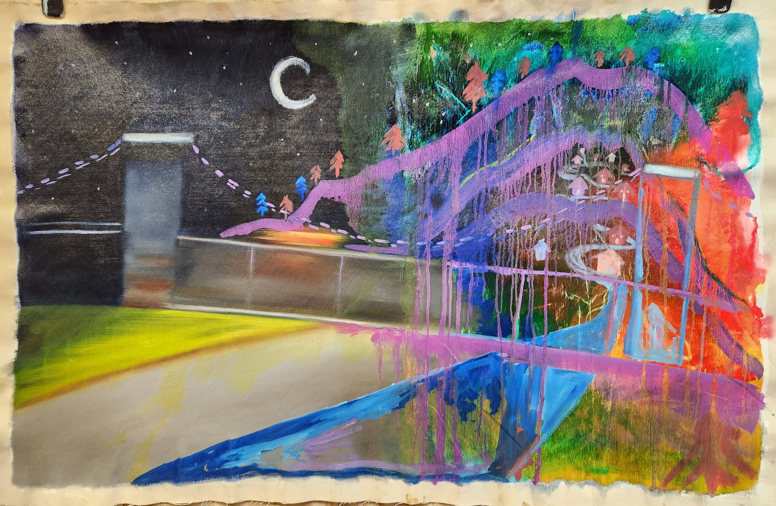 "Collaboration with Allison Claybaugh", oil on unstretched canvas, fall 2023, 27” x 42”