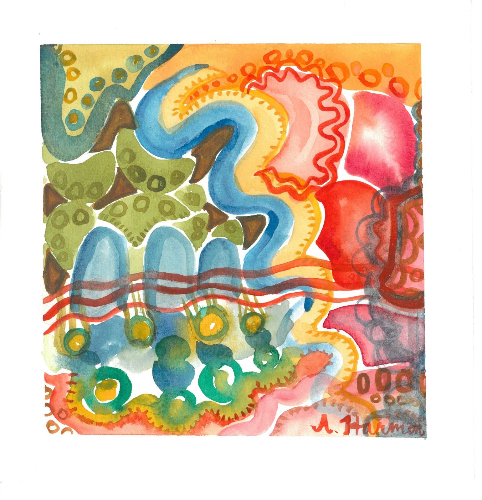 "Illustrative Watercolor III", watercolor on paper, spring 2024, 7” x 7”