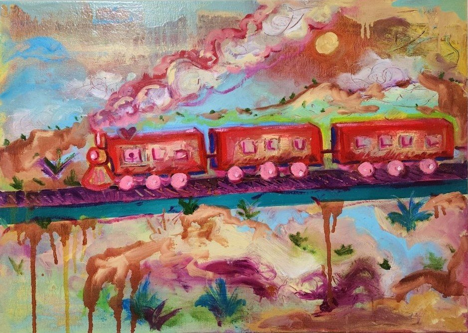 "Train Painting ('Trainting')", oil on solid support canvas, spring 2024, 24” x 36”