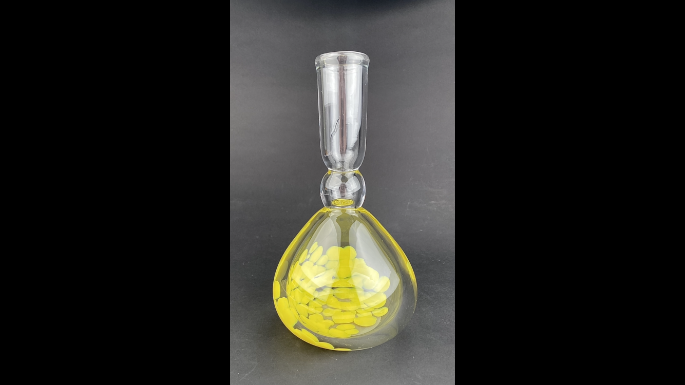 Title: Yellow Vase
Date Created: 2022
Medium: Glass
Size: 5" wide base, 1 1/2" wide neck, 9 1/2" tall