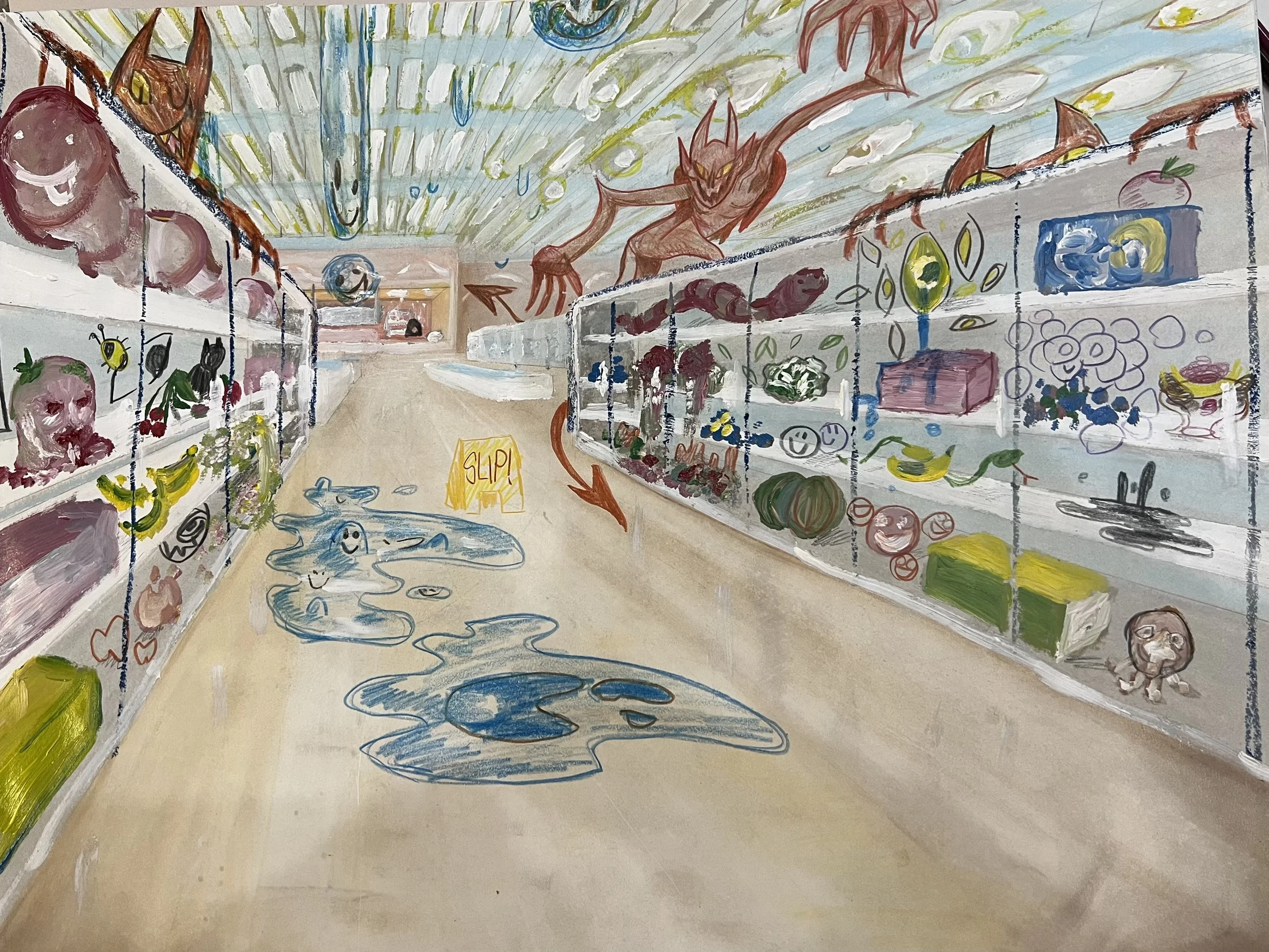 Devil’s Market. Medium: Colored pencil & acrylic on paper. 18’’24’’