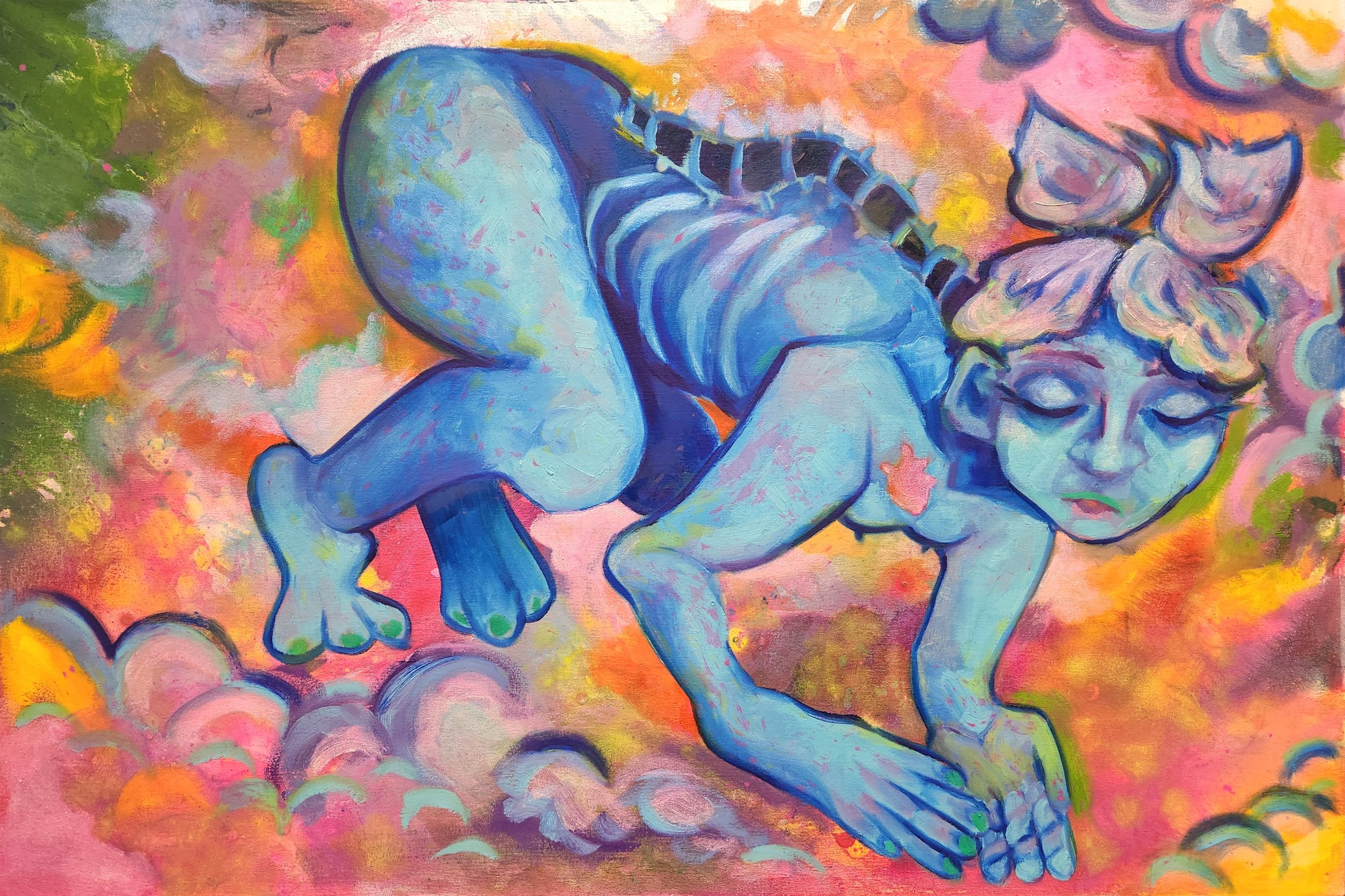 "Guardian", high-flow acrylic and oil on canvas, fall 2023, 36” x 48”