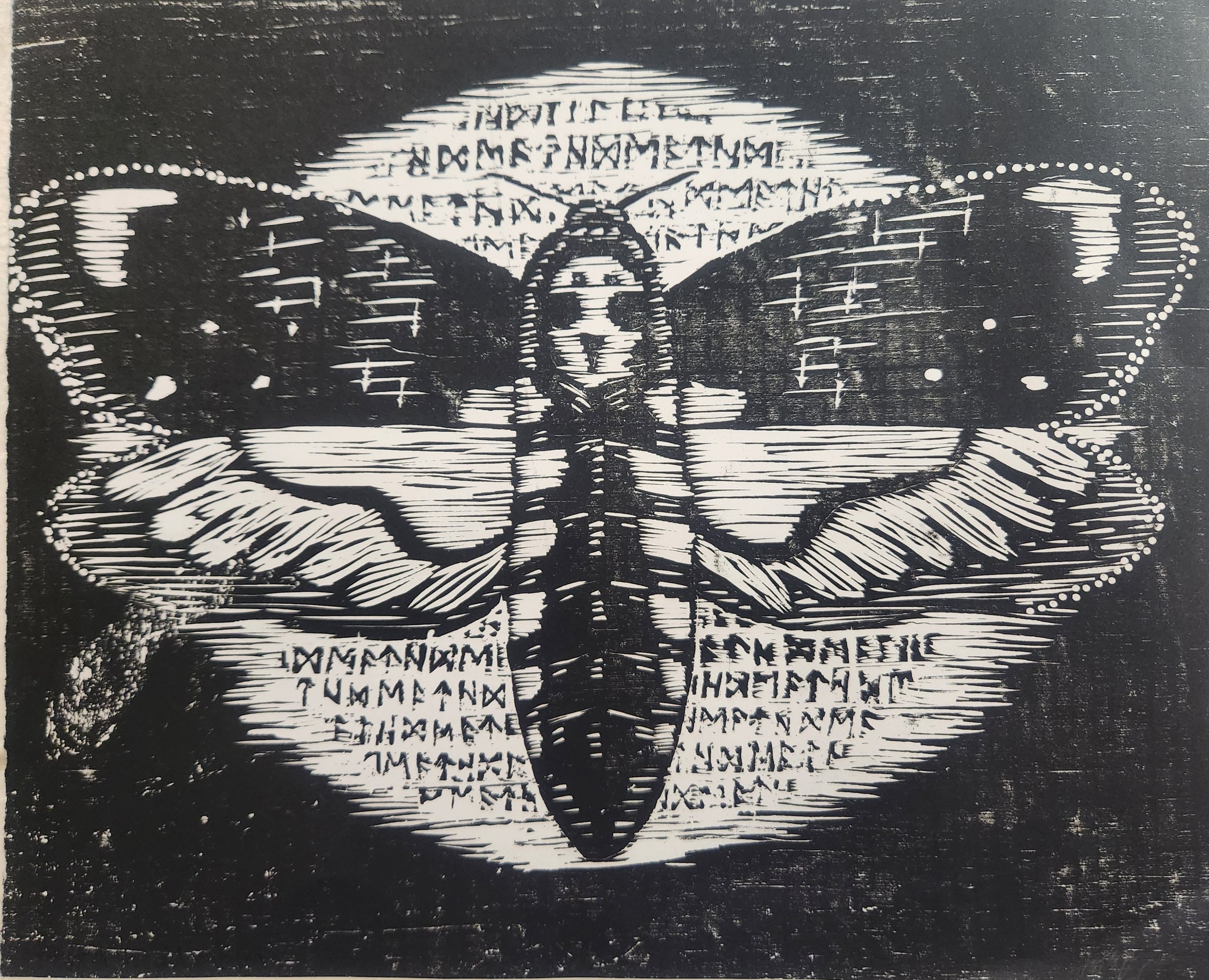 Deathhead moth,
2025,
Woodcut print,
11” x 9” inch,
Edition of 2
