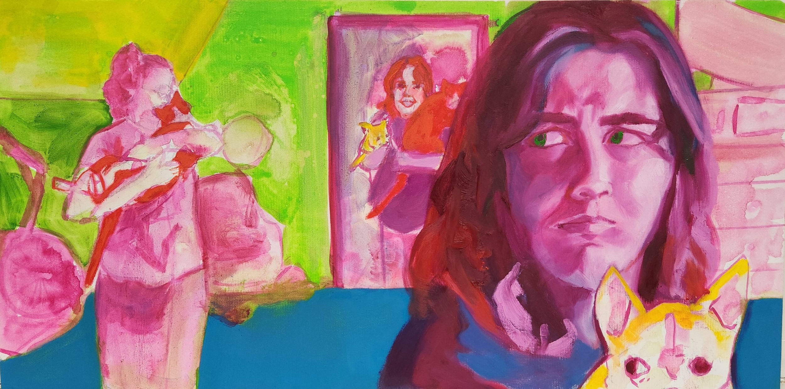 "The Goofballs", high-flow acrylic and oil on panel, fall 2023, 12” x 24”