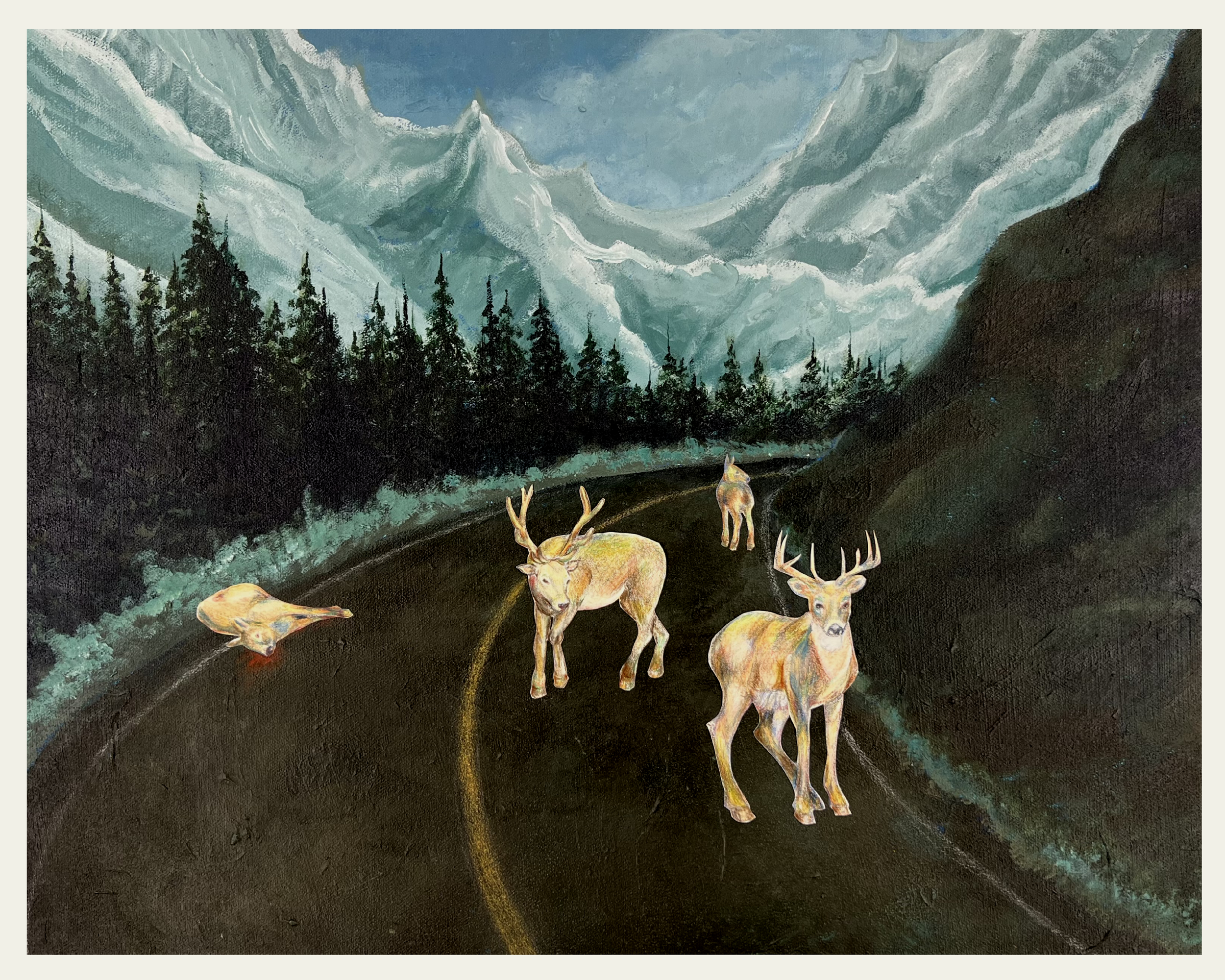Road Kill
Medium: Acrylic, colored pencil, & paper on canvas
18’’x24’