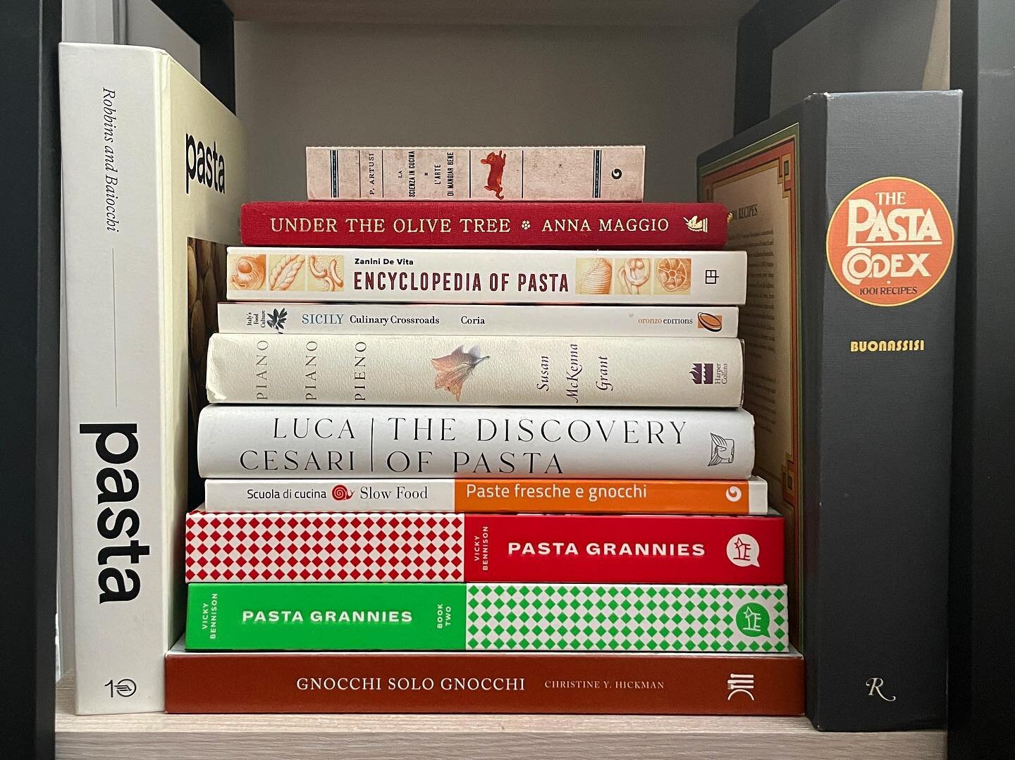 My current cookbook collection, spread out wherever I have space to store them. We&rsquo;ve got about 50% Italo-centric (and pasta heavy), a sizable pastry section, the books I use for inspiration in my daily cooking, and some random bits and bobs th