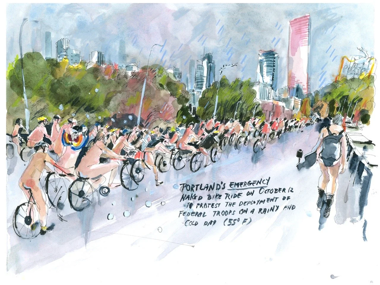 On October 12th hundreds of nude or partially disrobed bikers took to the streets of Portland to protest Trump’s deployment of troops into the city. Naked bike rides have always taken place as an act of protest and show of bikers’ vulnerability in fa