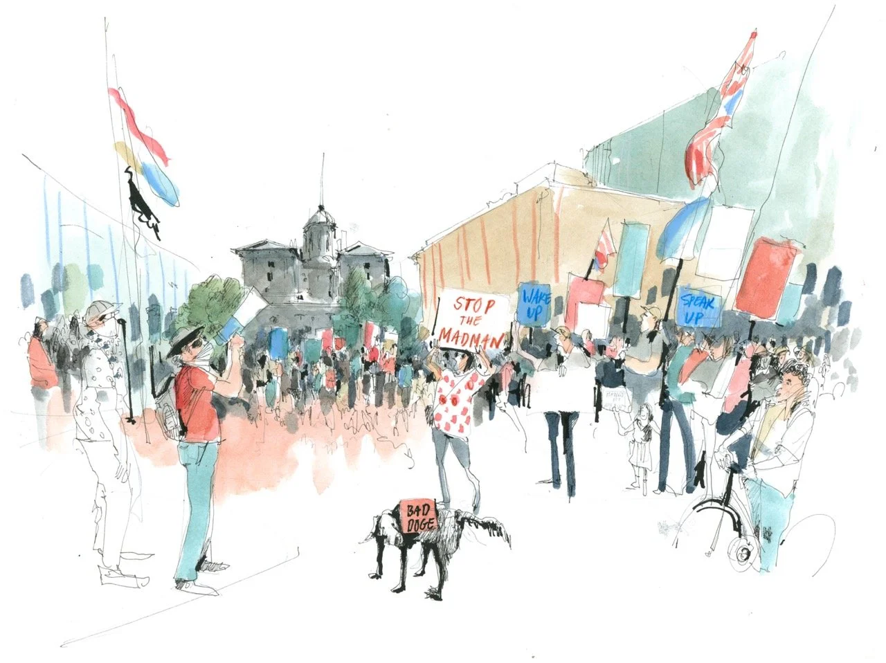 Portland’s “Hands Off” protest terminating at Pioneer Courthouse Square, where political theater and protest humor shared the street. Among  my favorites was an adorable dog wearing a sign “Bad Doge.”