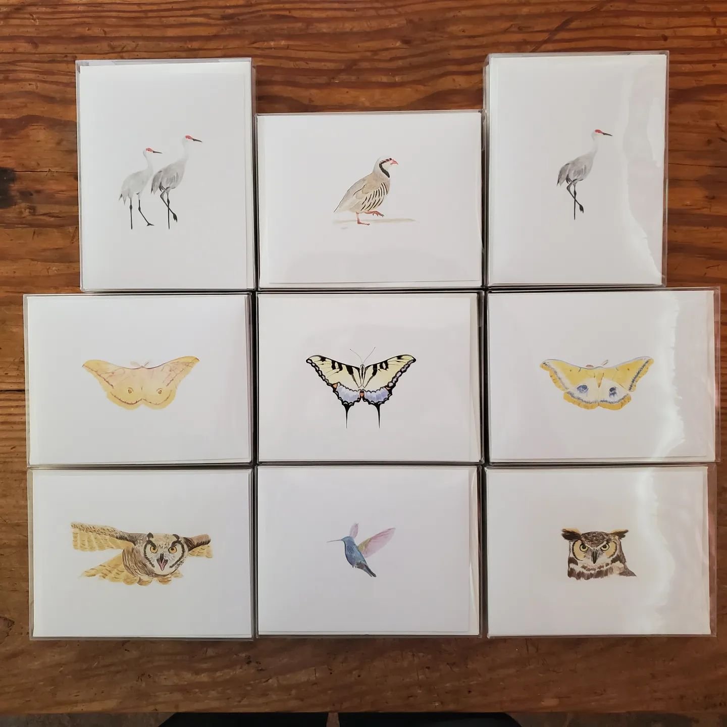 I have been printing up a storm this week!  All new cards printed on white linen card stock with matching envelopes.  Many of my designs are of local birds and butterflies.  Come visit us at the Driggs City Center Plaza tomorrow from 9am to 3pm!
