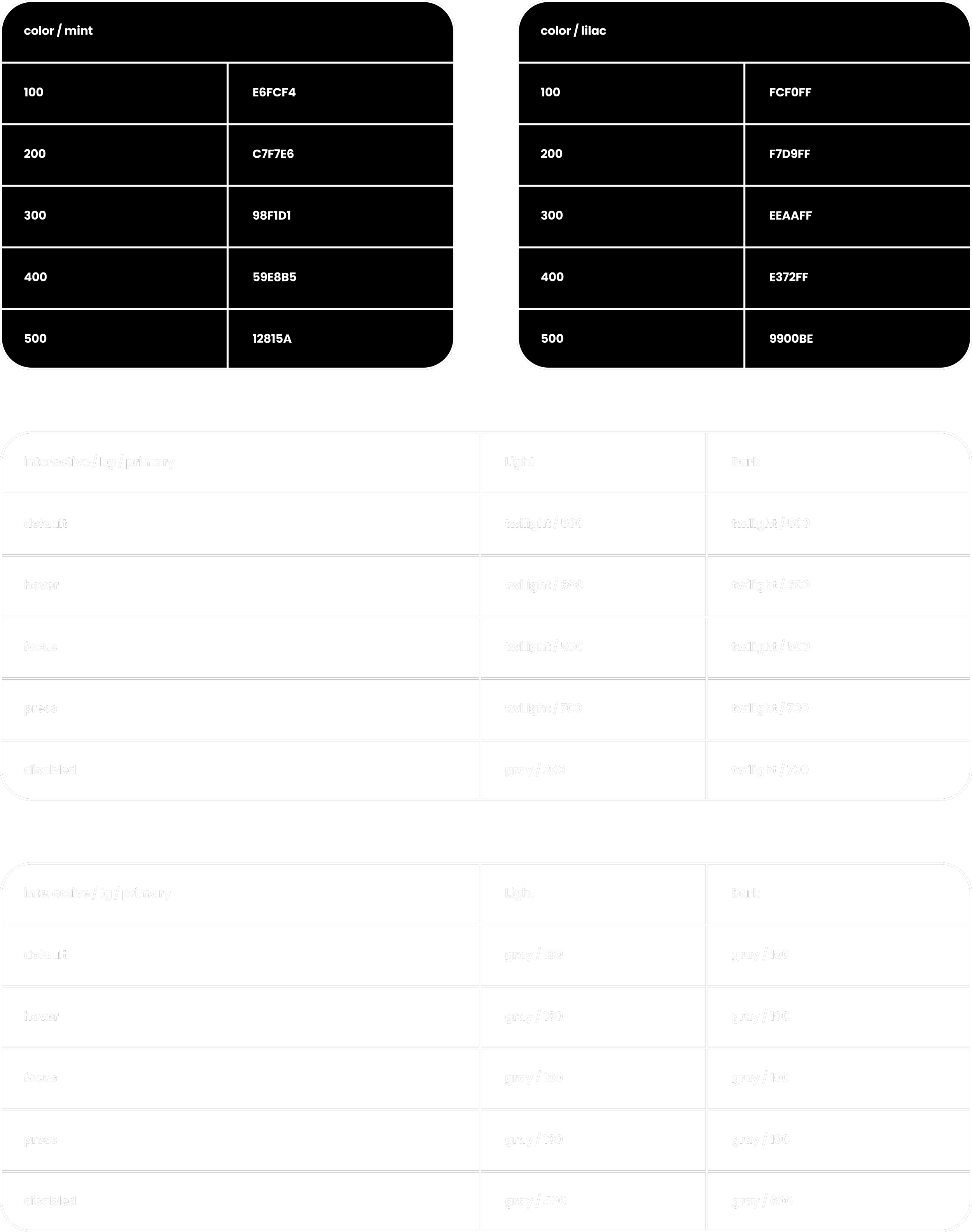 A color chart displaying various shades with corresponding hex codes, organized into sections for mint, lilac, and gray. Each section lists shades with different intensities and labels indicating their brightness or darkness levels.