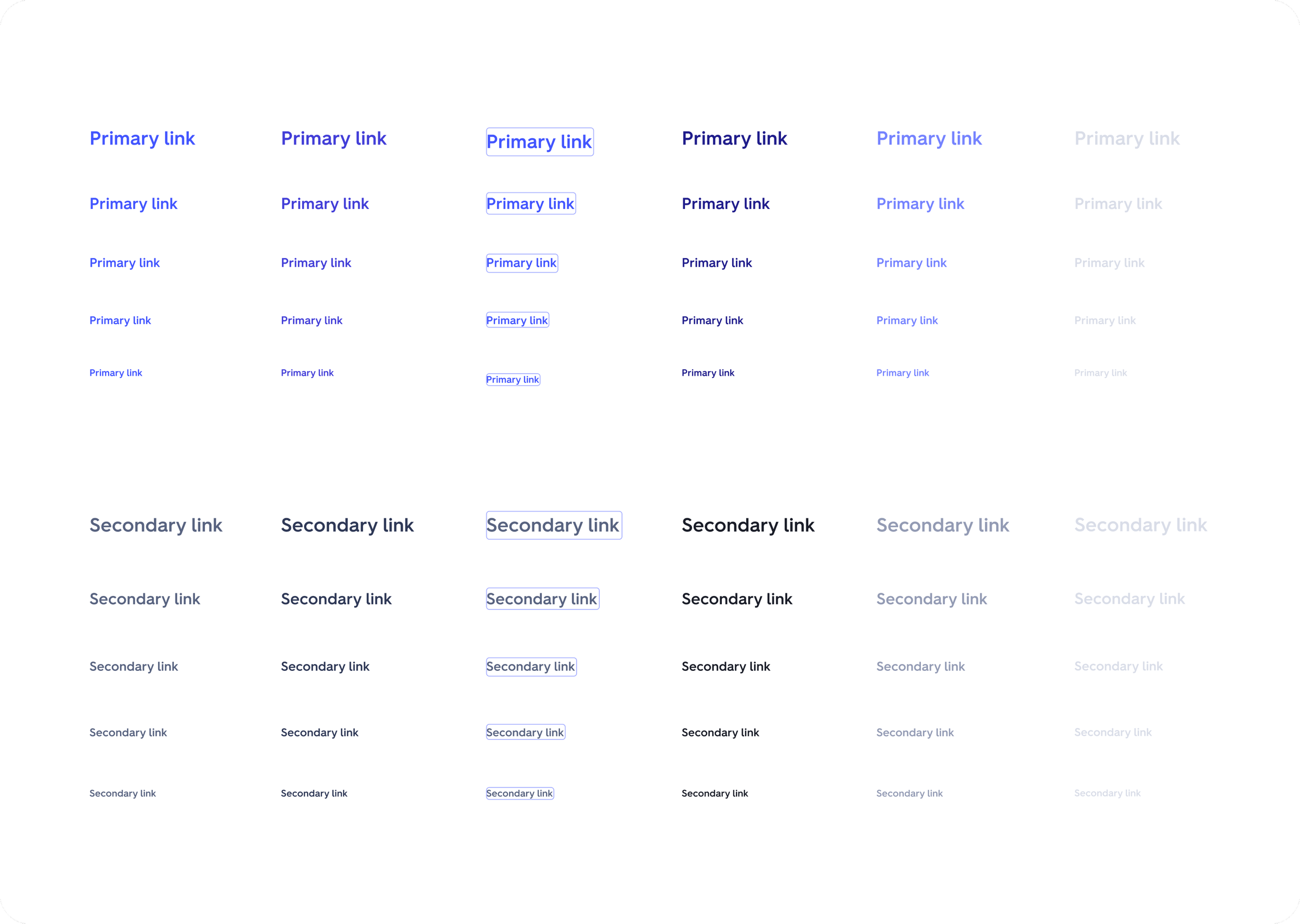 Multiple rows of clickable text links labeled 'Primary link' in various shades of blue and styles, followed by rows labeled 'Secondary link' in gray and black, arranged on a white background.