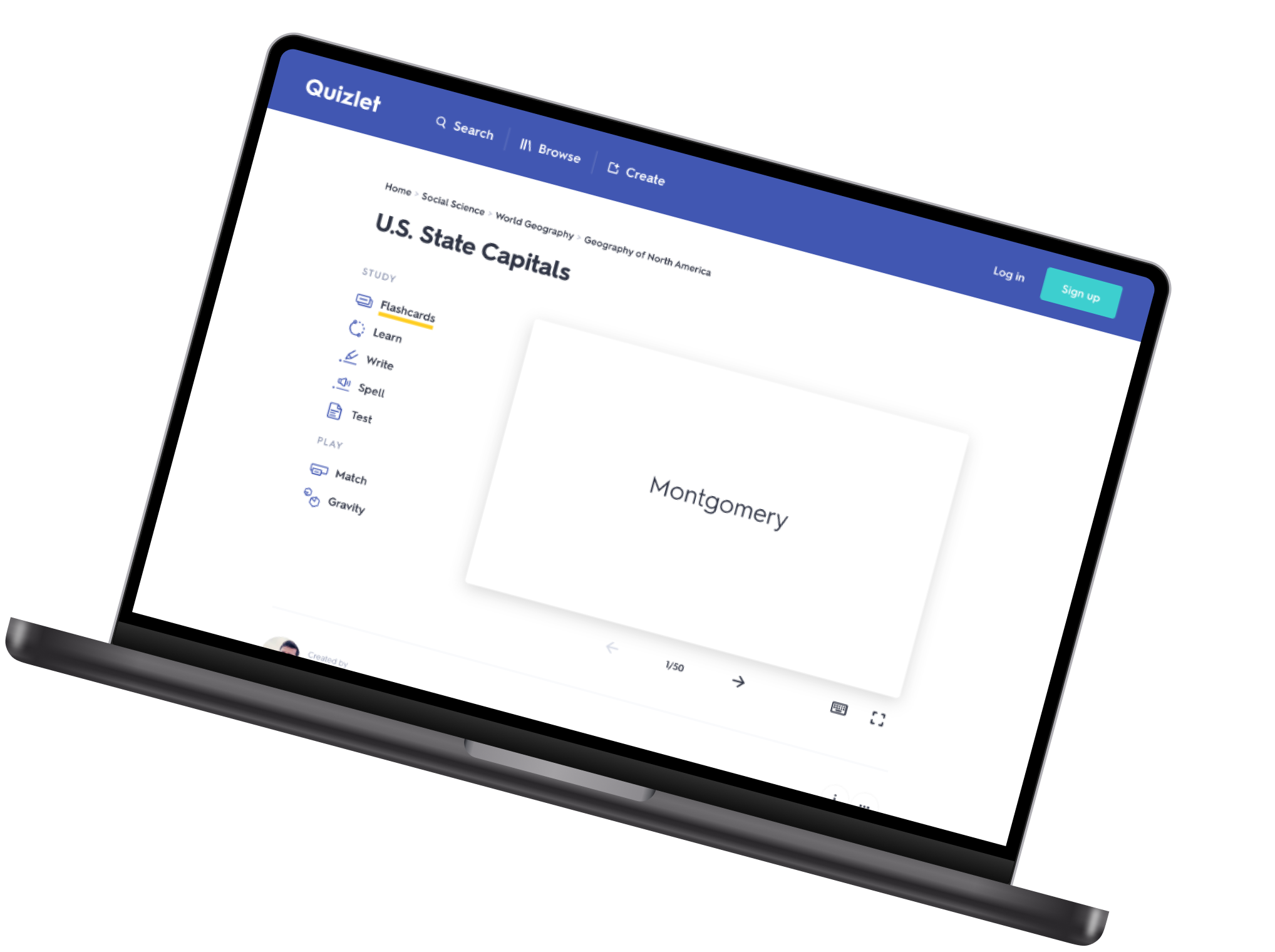 Screenshot of a quiz platform called Quizlet displaying a page about U.S. state capitals, with options for study methods like flashcards and learning, and a blue header with search, browse, and create buttons.
