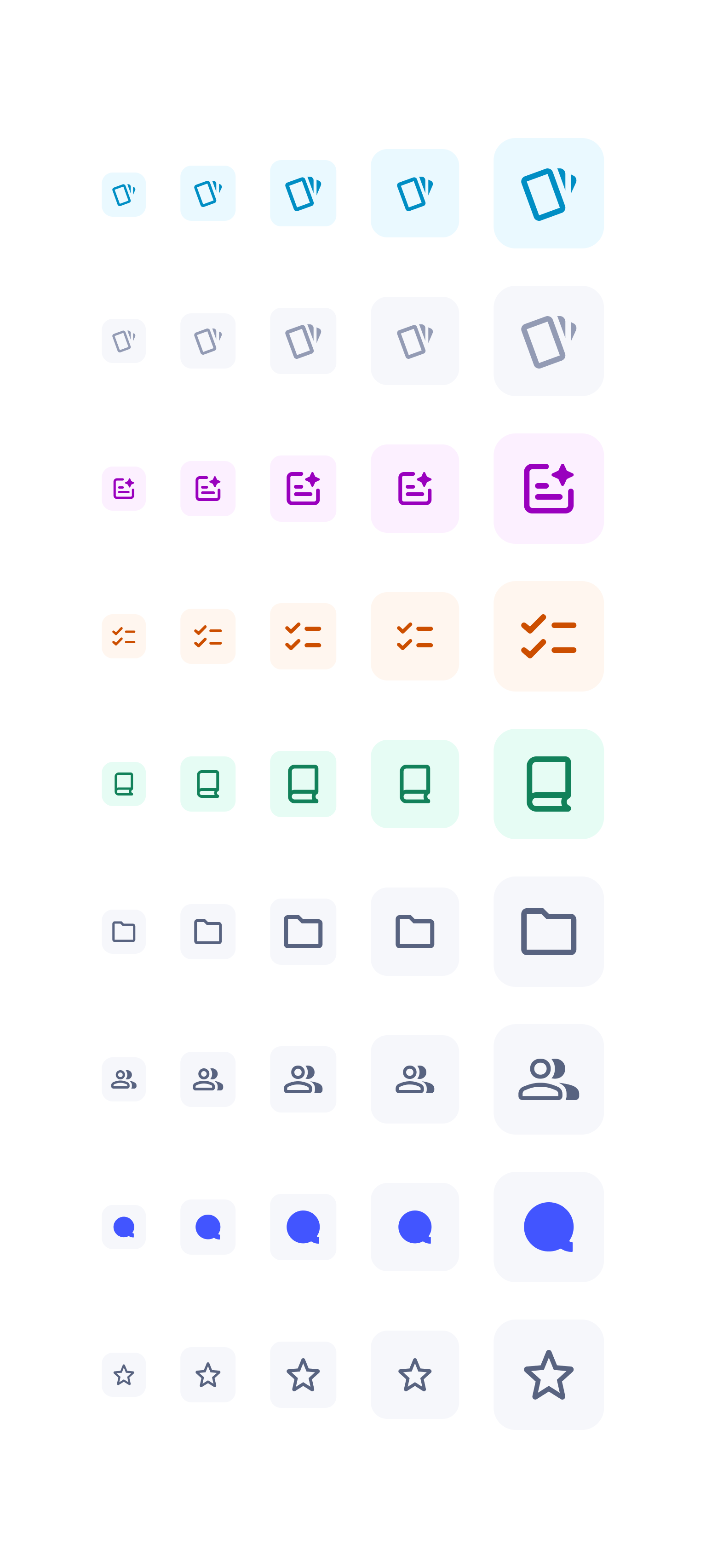 A collection of icons arranged in rows with different symbols including rectangles, checklists, folders, groups, speech bubbles, and stars in various colors.