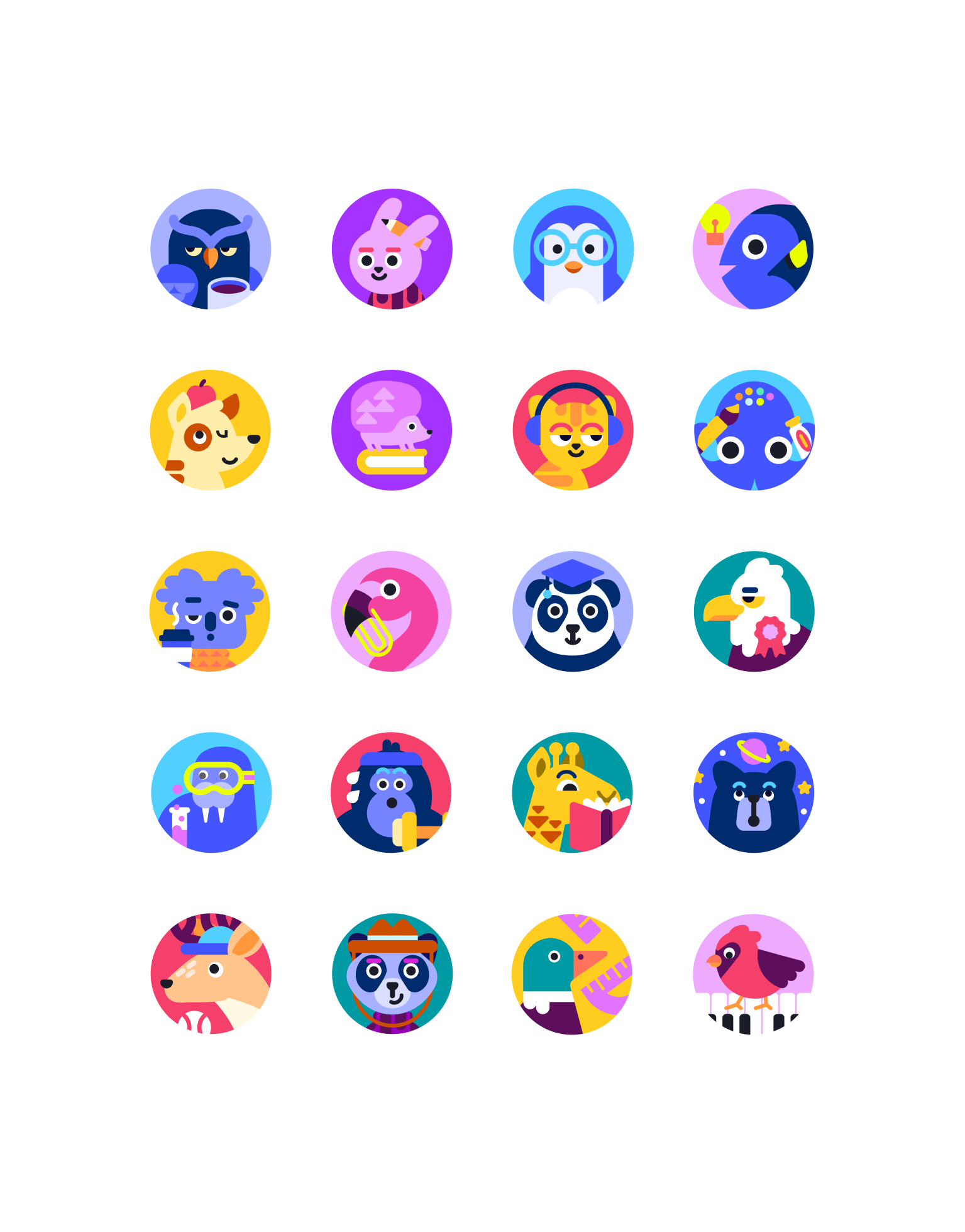 Collection of colorful animal avatars with various accessories and expressions in a digital art style.