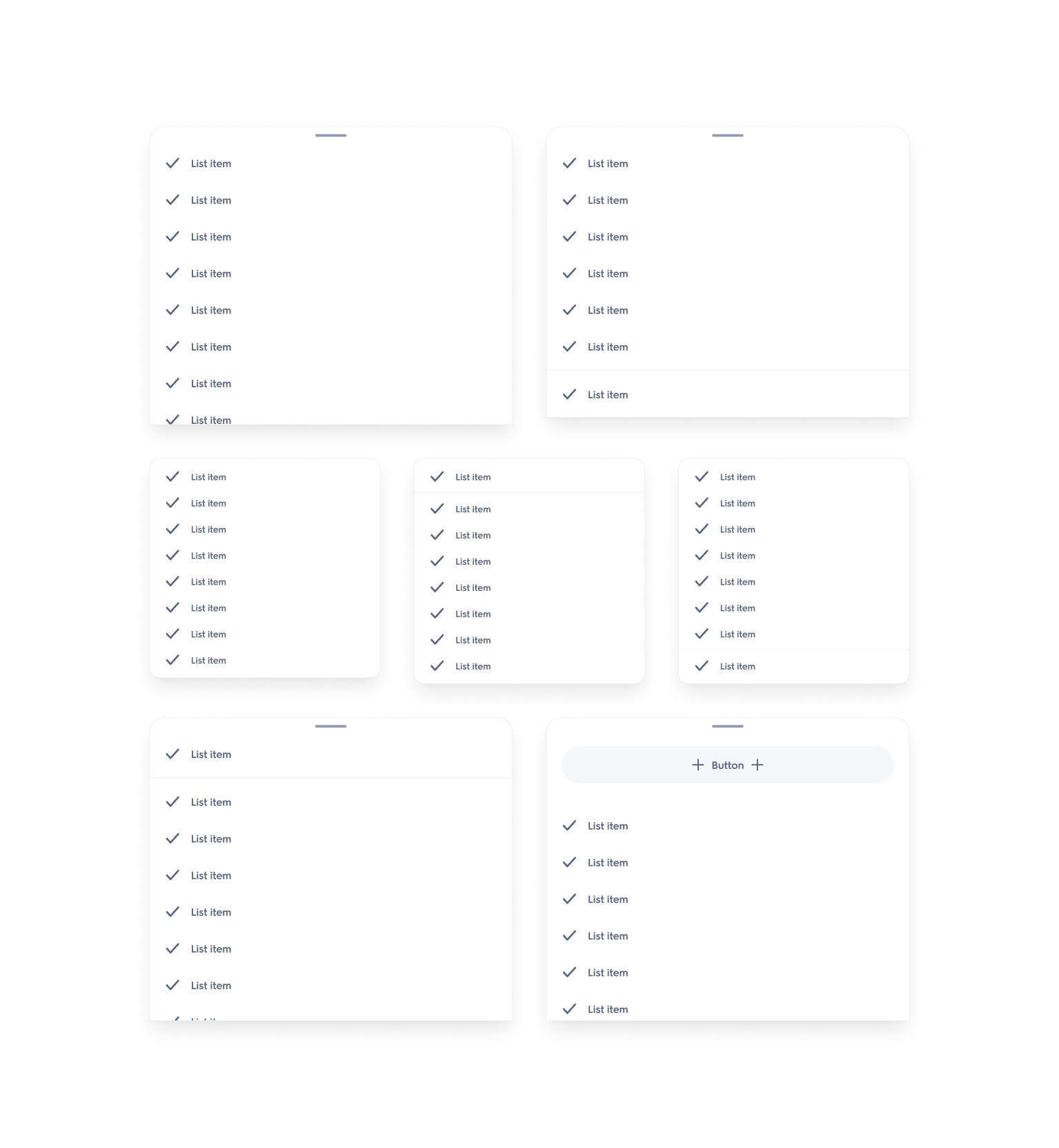 Screenshots of a mobile app interface with multiple list views containing checkboxes, titles, and a button, all in a clean, minimal design.