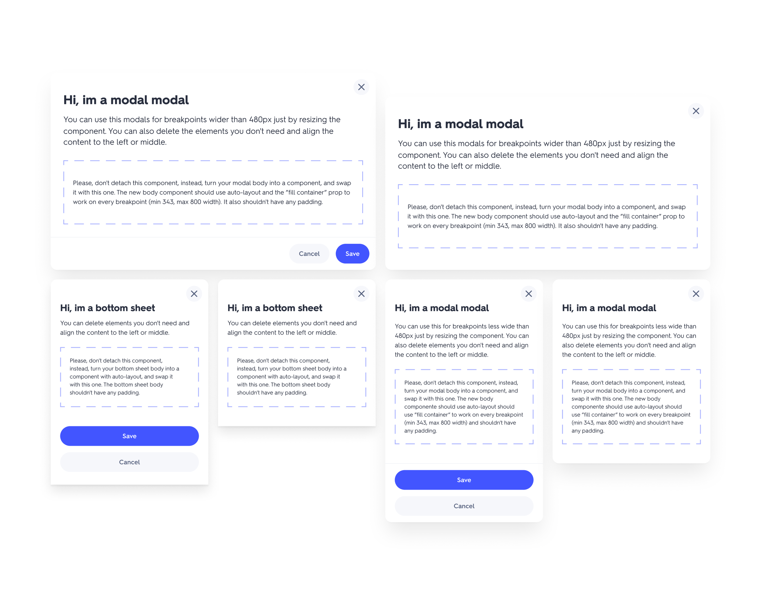 Multiple overlapping digital modal window interfaces with text about resizing components, each containing 'Hi, im a modal modal' title, description, and 'Cancel' and 'Save' buttons, on a white background.