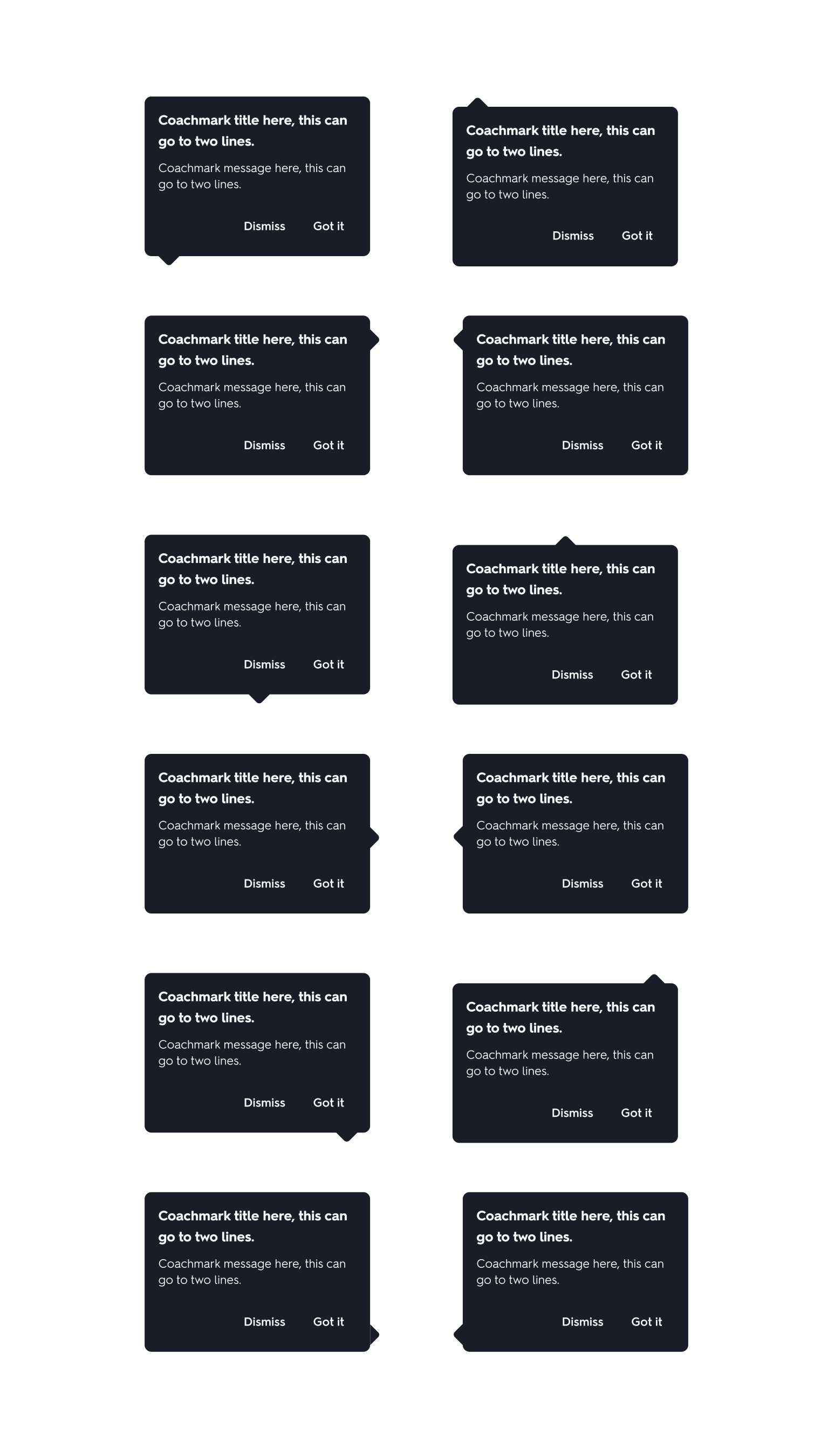 A collection of eight dark-colored notification or chat bubble icons arranged in four rows and two columns. Each contains placeholder text for a coachmark title, message, and options to dismiss or acknowledge.