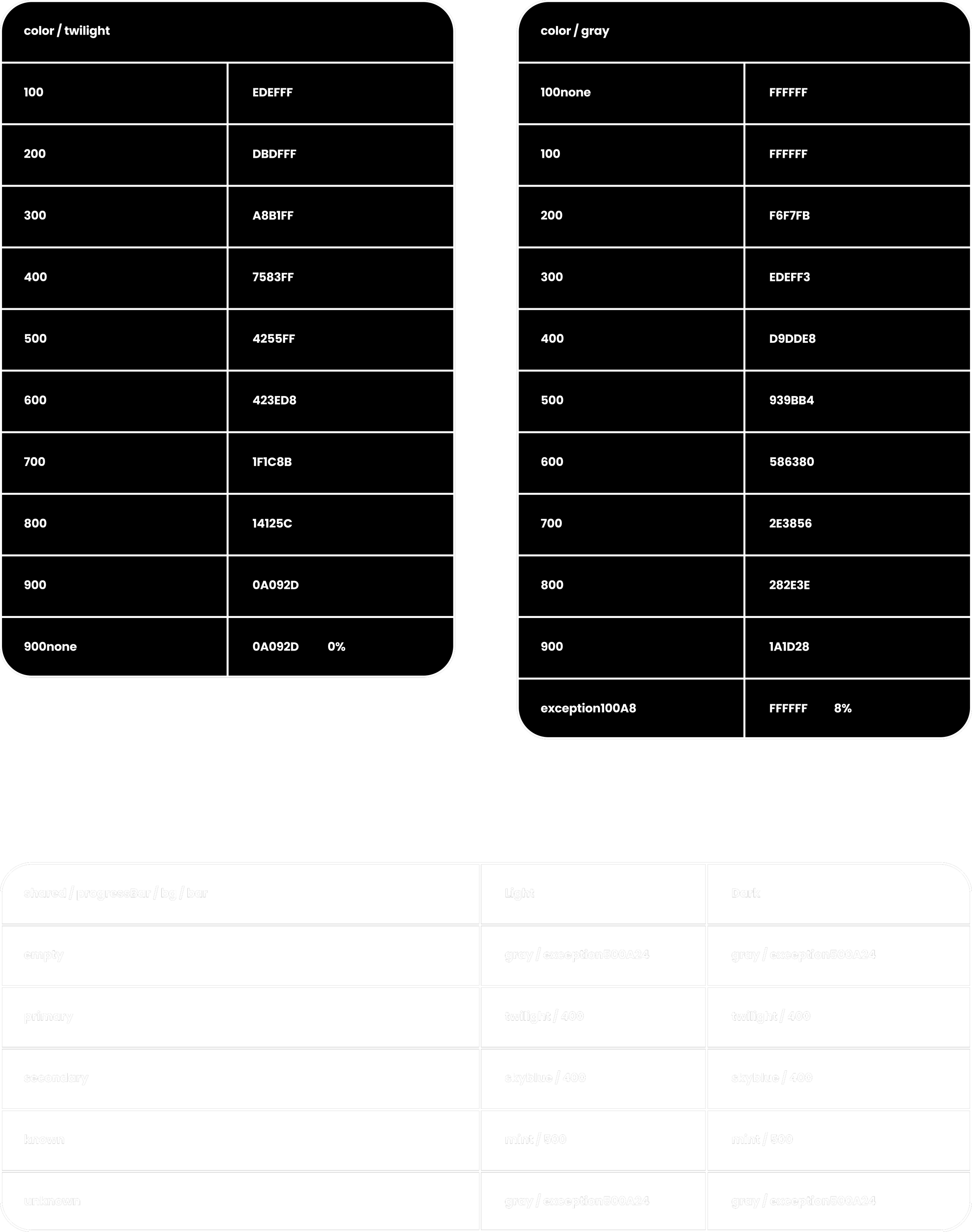 Color swatch chart comparing twilight and gray tones with corresponding hexadecimal and CMYK color codes