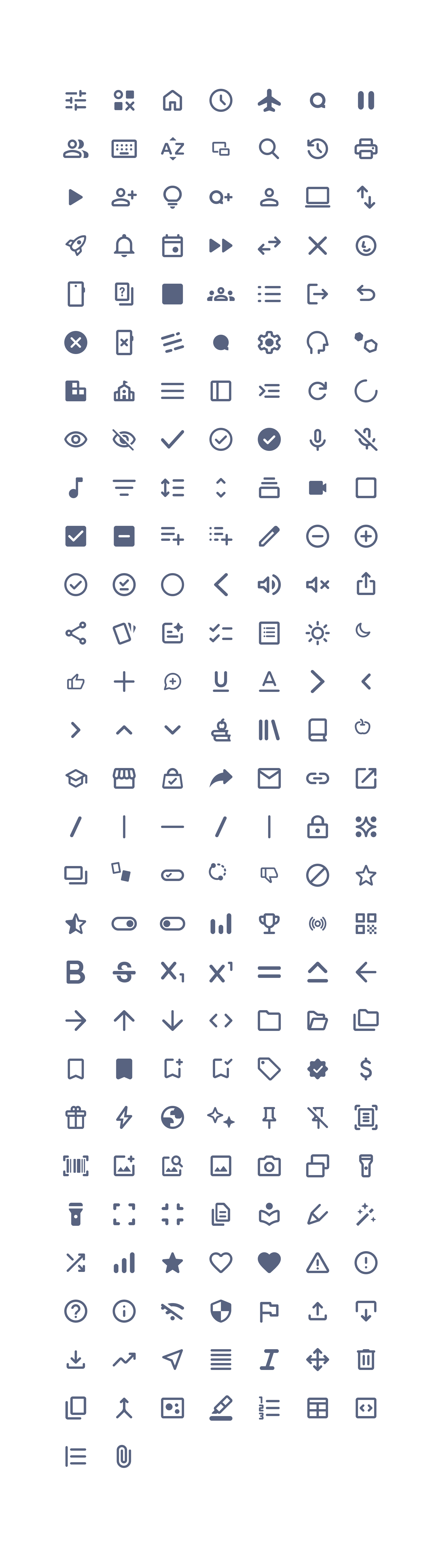 A comprehensive collection of various user interface icons, including symbols for settings, navigation, multimedia, social media, editing, and other functional actions, all in a uniform dark blue color on a light background.