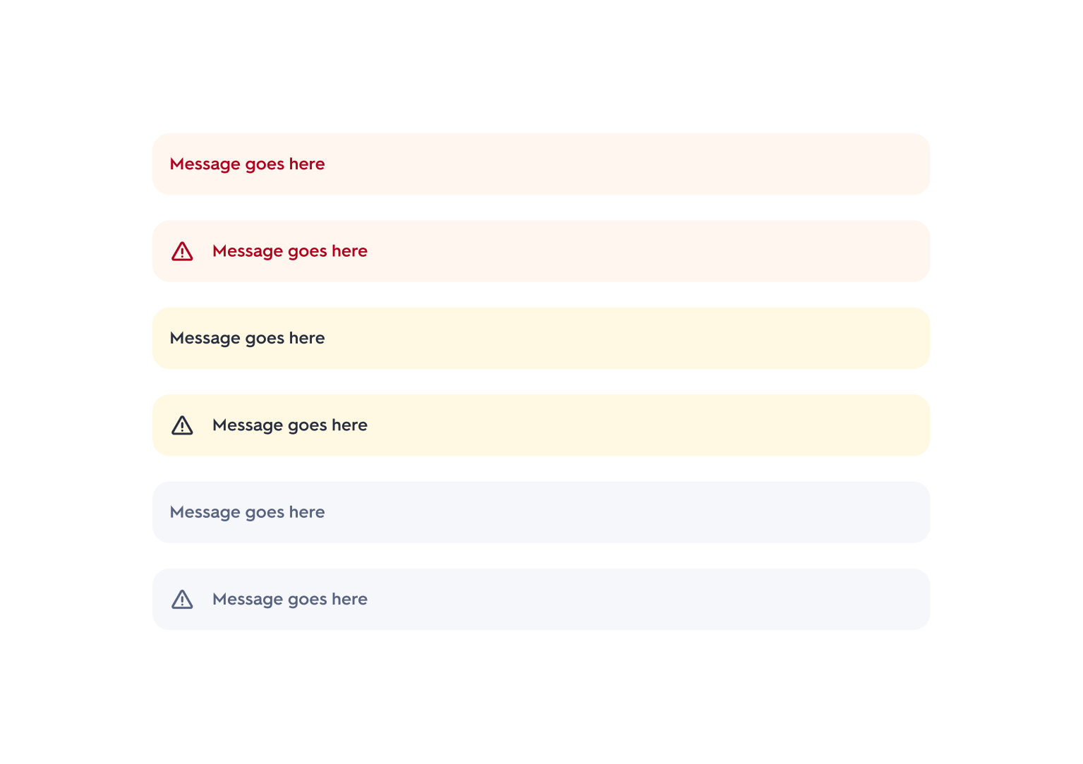 A webpage with multiple message boxes, some with warning icons, in different colors including pink, yellow, blue, and gray, each containing placeholder text 'Message goes here.'