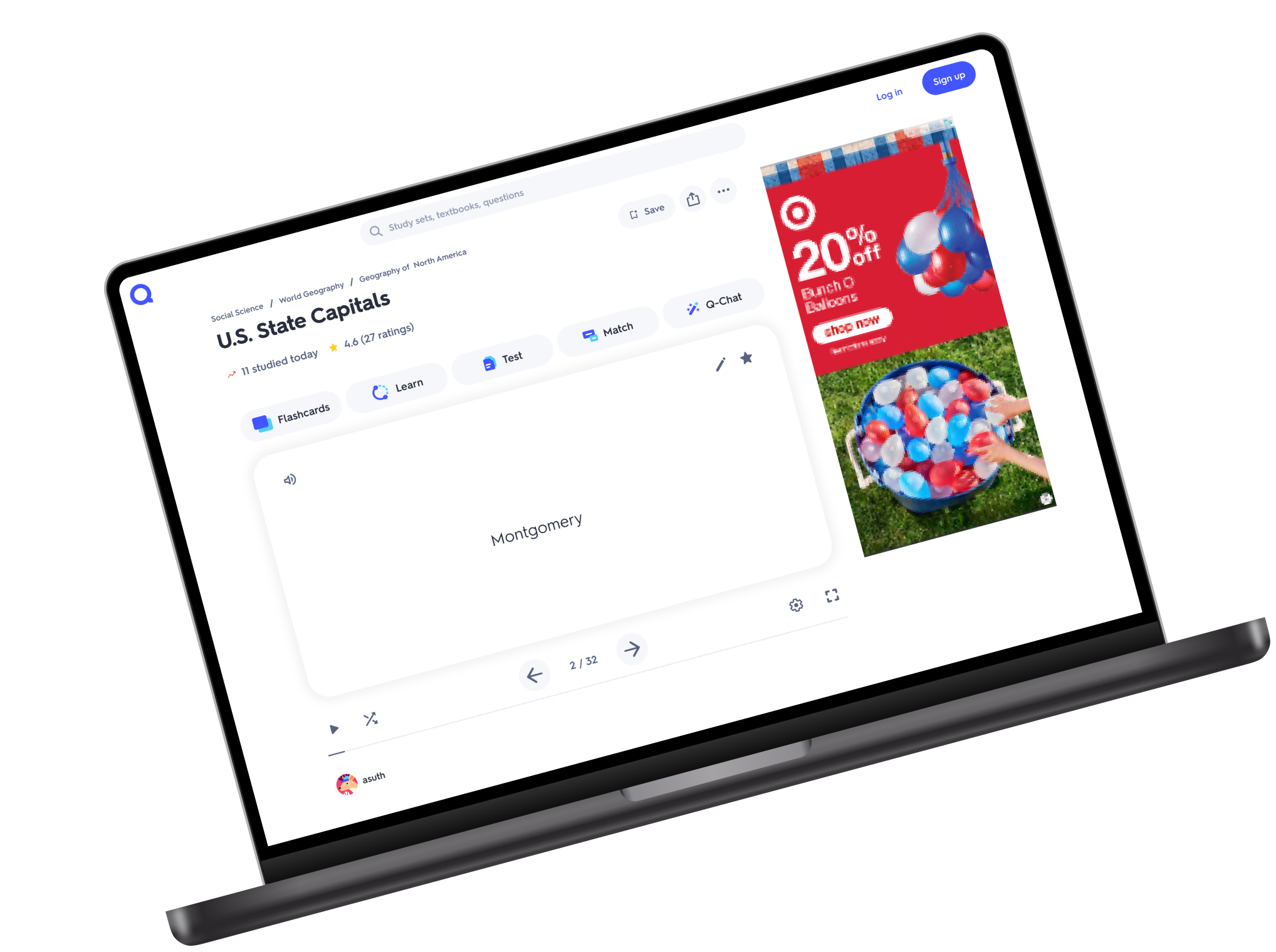 Tablet screen displaying a website page about U.S. state capitals with a red advertisement banner on the right side for a 20% off promotion.