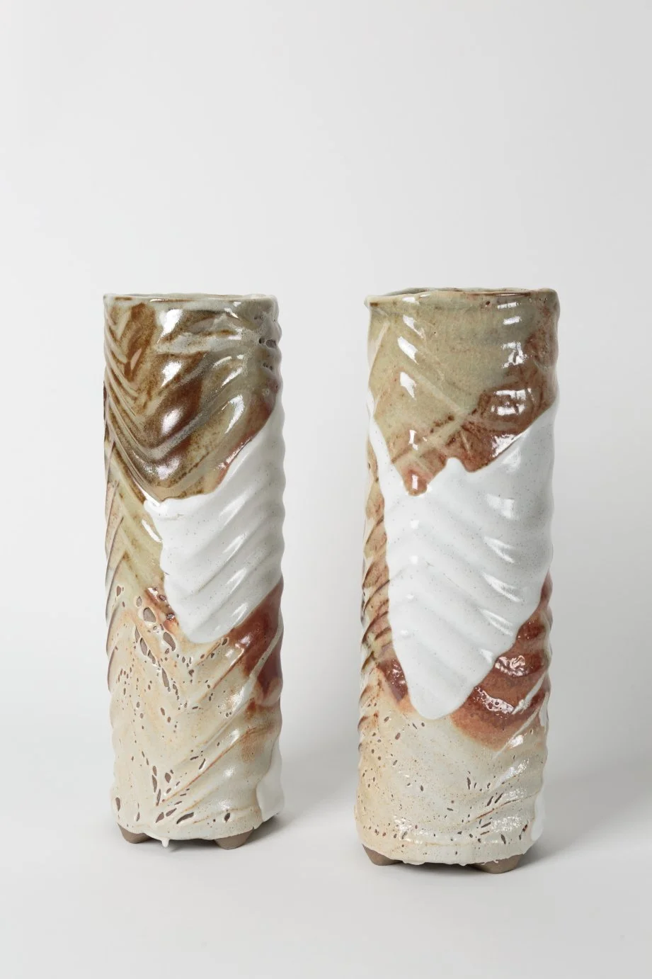 Jan Alexander, Abundance I & II, vessels, layered Shino glazes, high fired.