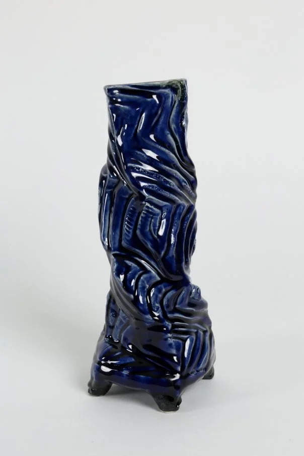 Alexander, Jan_hand sculpted stoneware vessel, rich, sweeping texture, gloss glazes black to cobalt