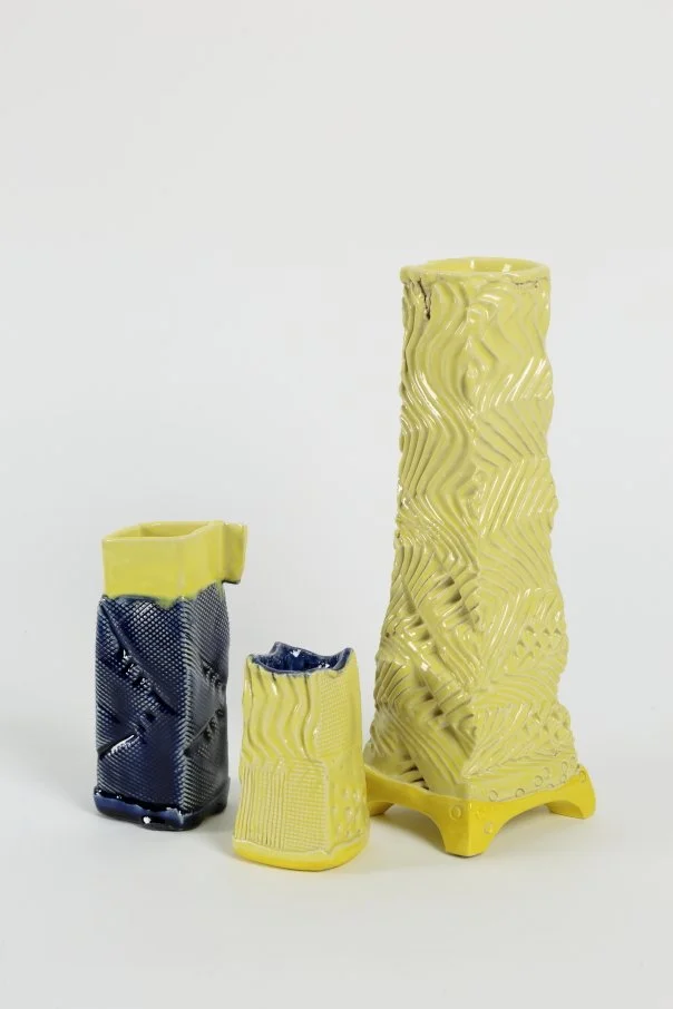 Alexander, Jan, 3 hand sculpted stoneware vessels, multiple glazes in blues and yellows